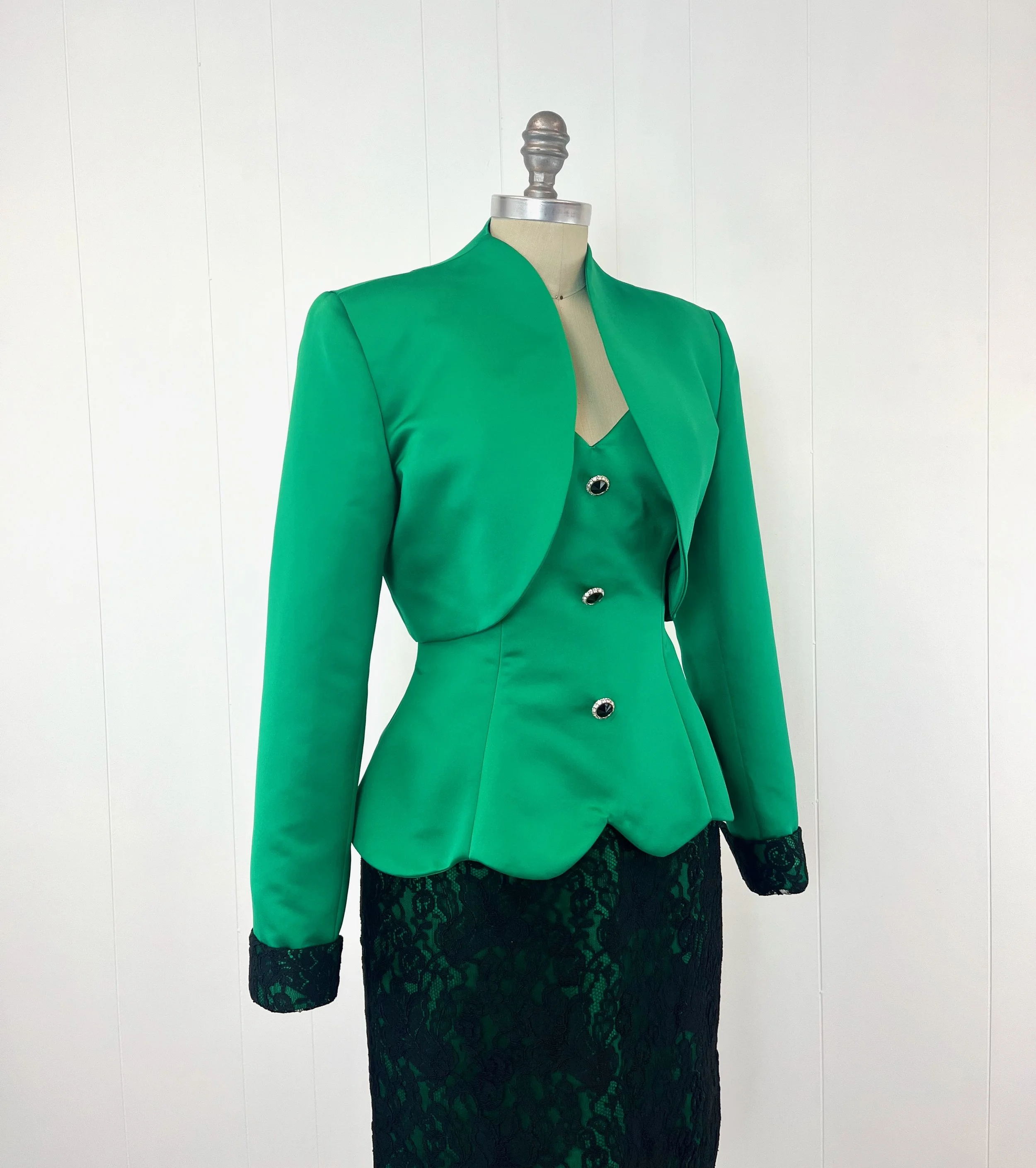 1990s/Y2K Green Satin Black Lace Rhinestone Top Bolero Skirt
