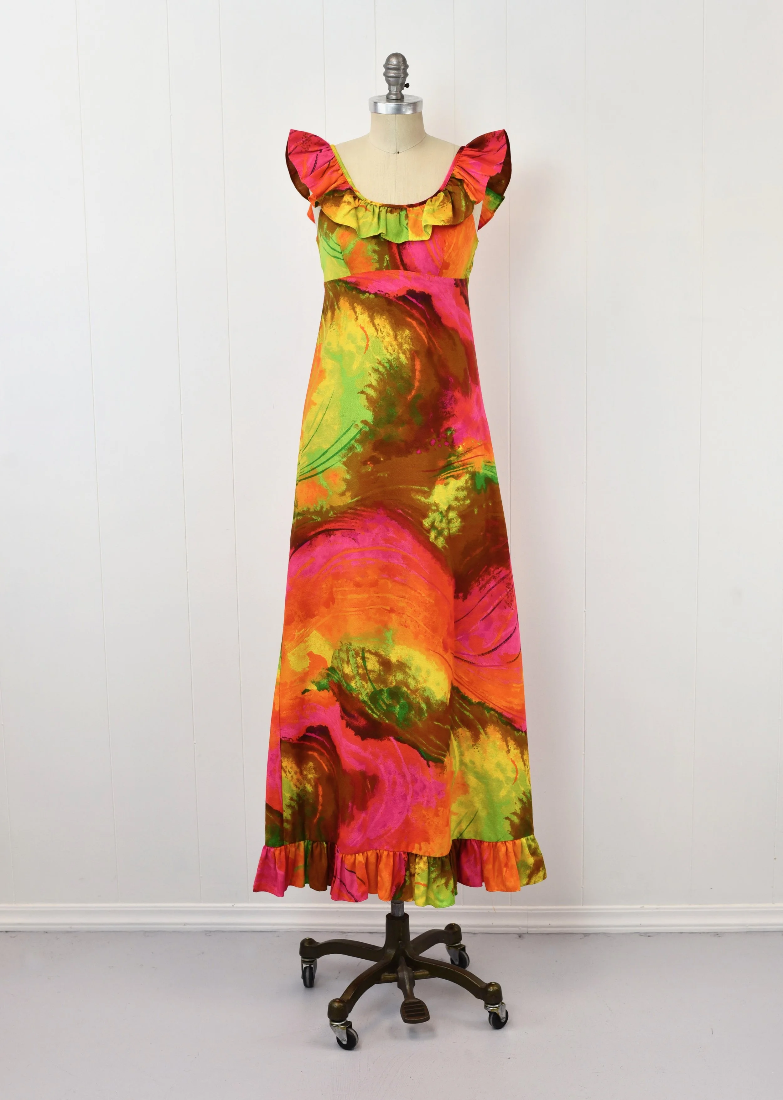1960s Hawaiian Bright Pink Green Psychedelic Ruffle Sun Fashions of Hawaii  Tiki Maxi Dress Gown  Canned Ham Vintage