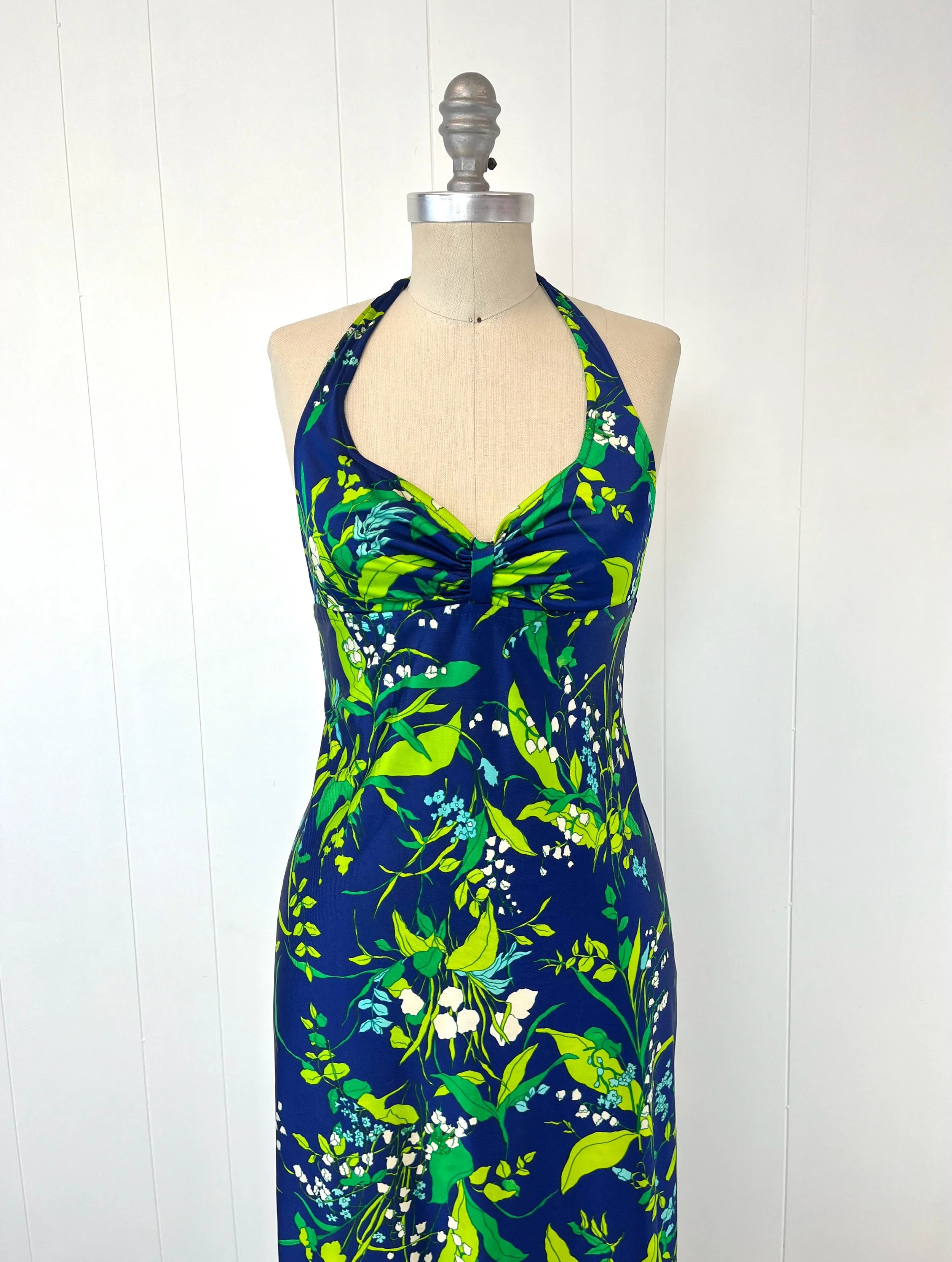 1970s/1980s Floral Garden Lily of the Valley Green Blue Nylon Juniors  Petite Halter Maxi Dress Gown  Canned Ham Vintage