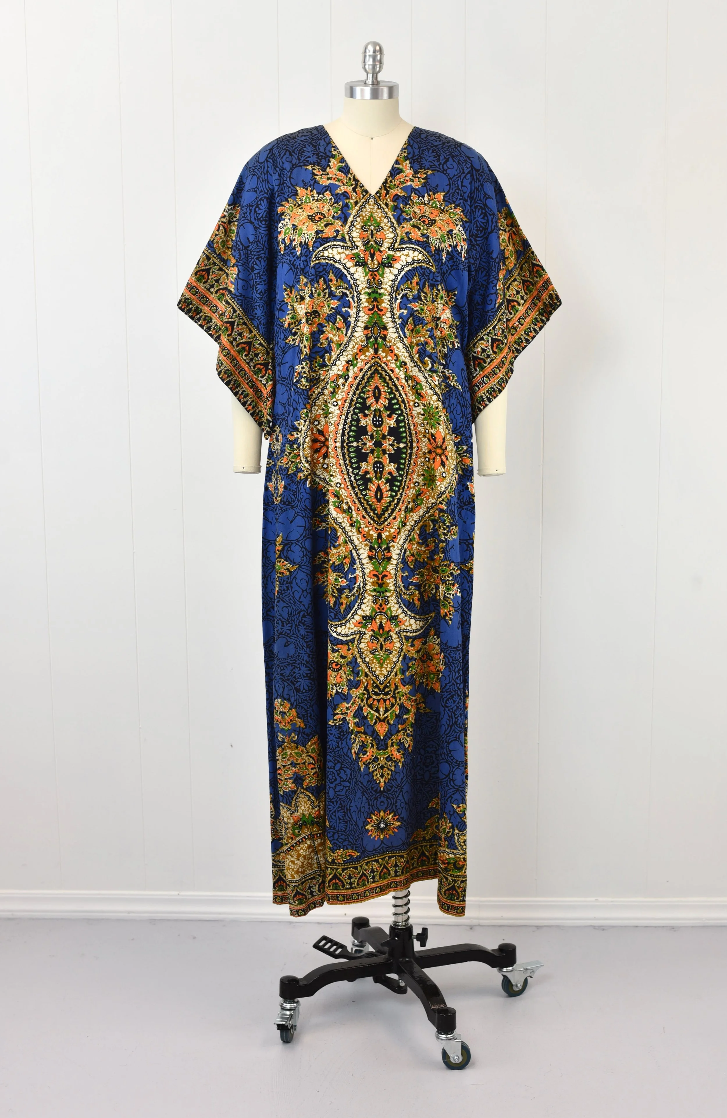 1960s Thai Blue Ethnic Psychedelic Print Angel Wing Kimono Sleeve Cotton Boho Maxi Dress Gown with Matching Belt — Canned Ham Vintage