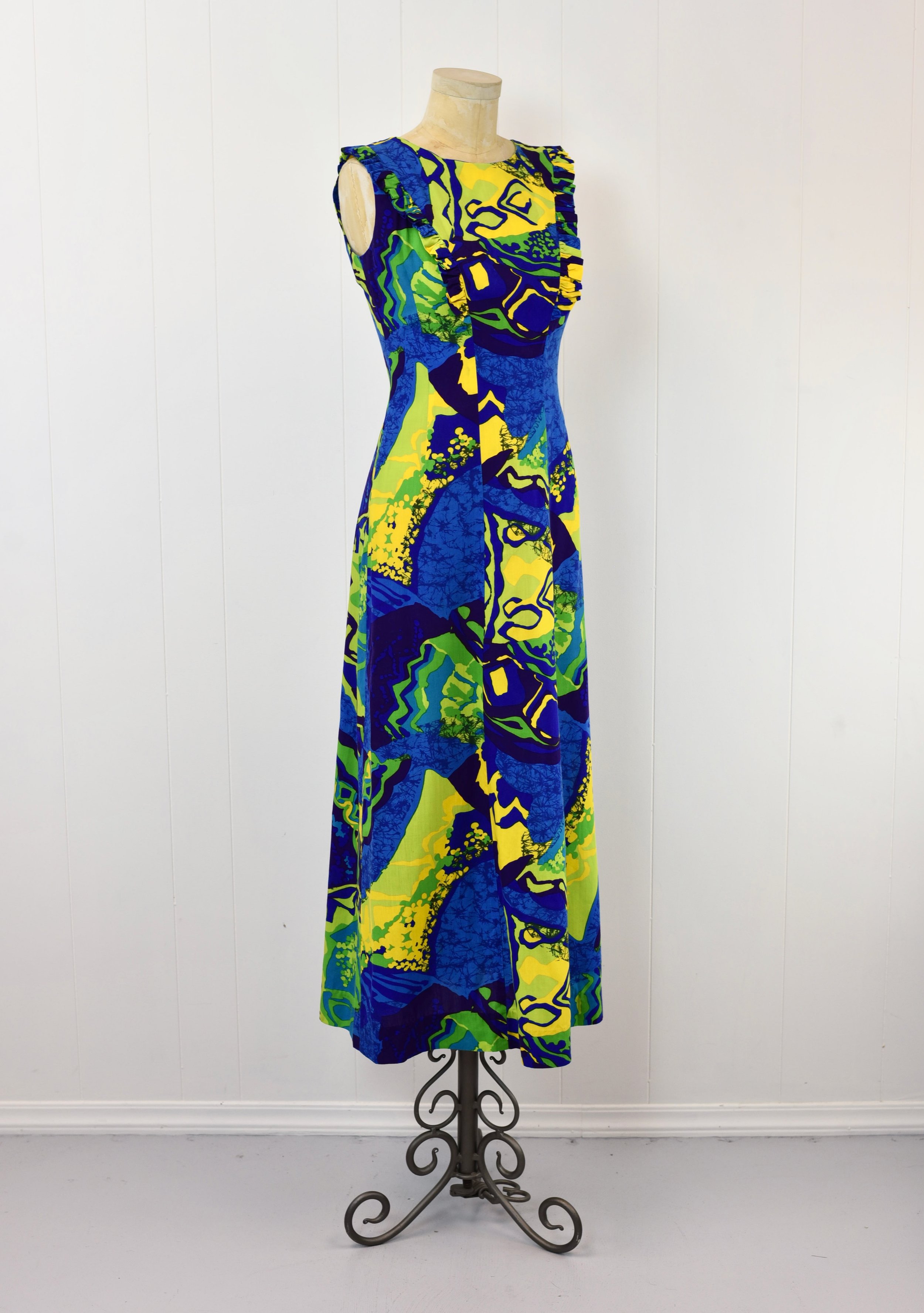 1960s/1970s Hawaiian Abstract Print Blue Green Purple Ruffle Ja-Na 