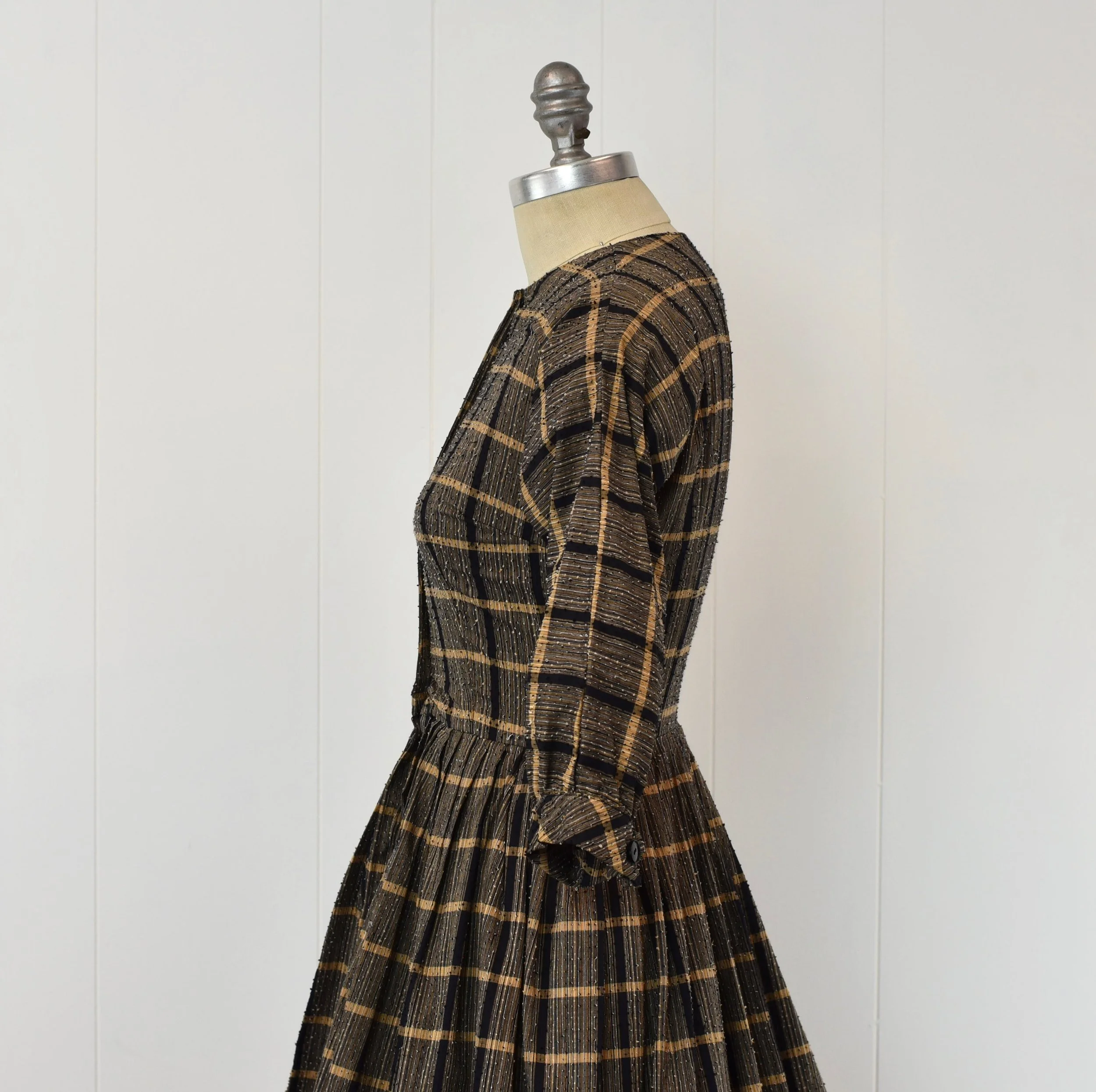 brown and black checkered dress Brown Plaid Pleated Mini Dress main image 1