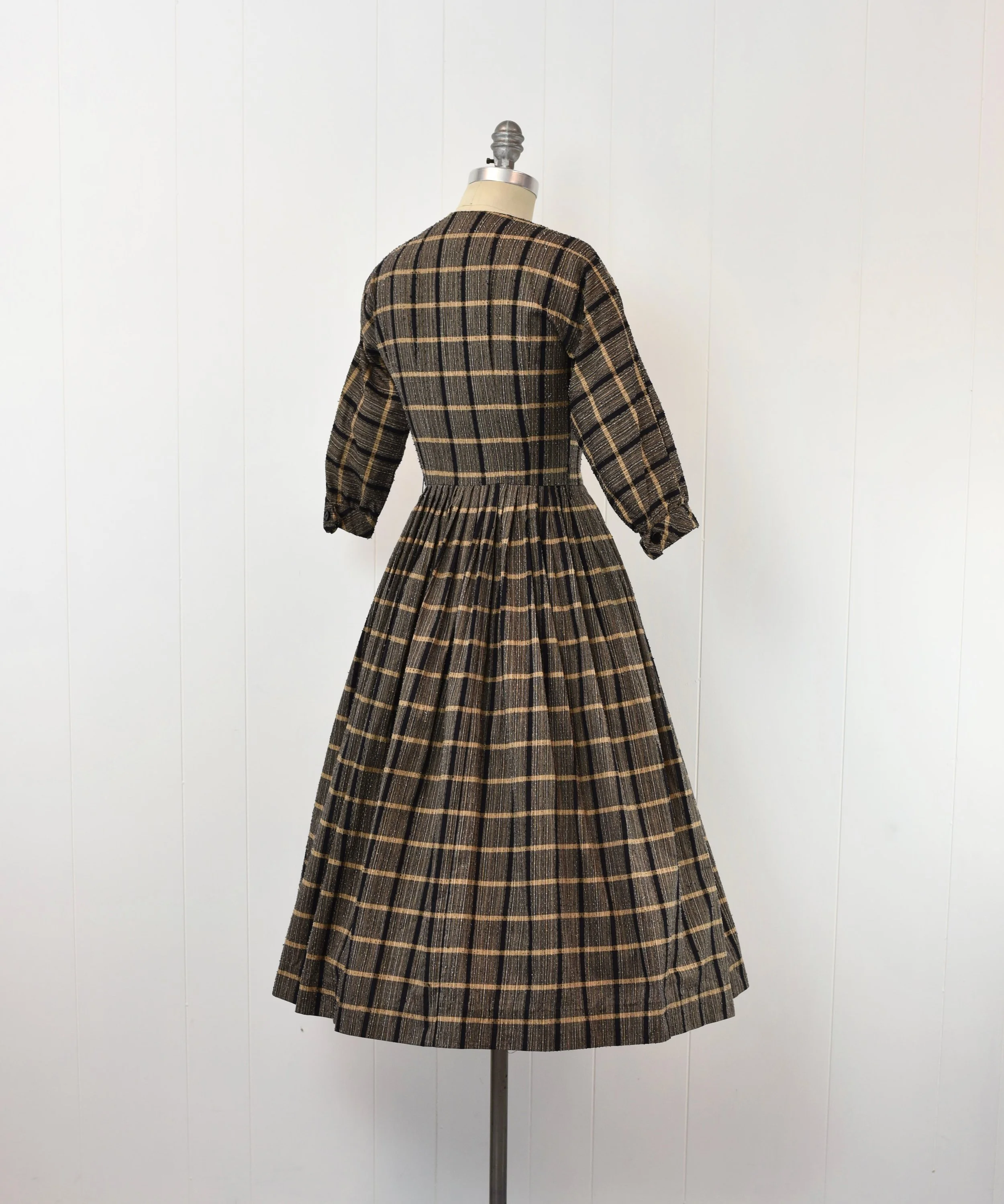 1950s Plaid Polka Dot Brown Black Cotton Pinup Mid Century Housewife Mad Men Shirt Dress  Canned Ham Vintage