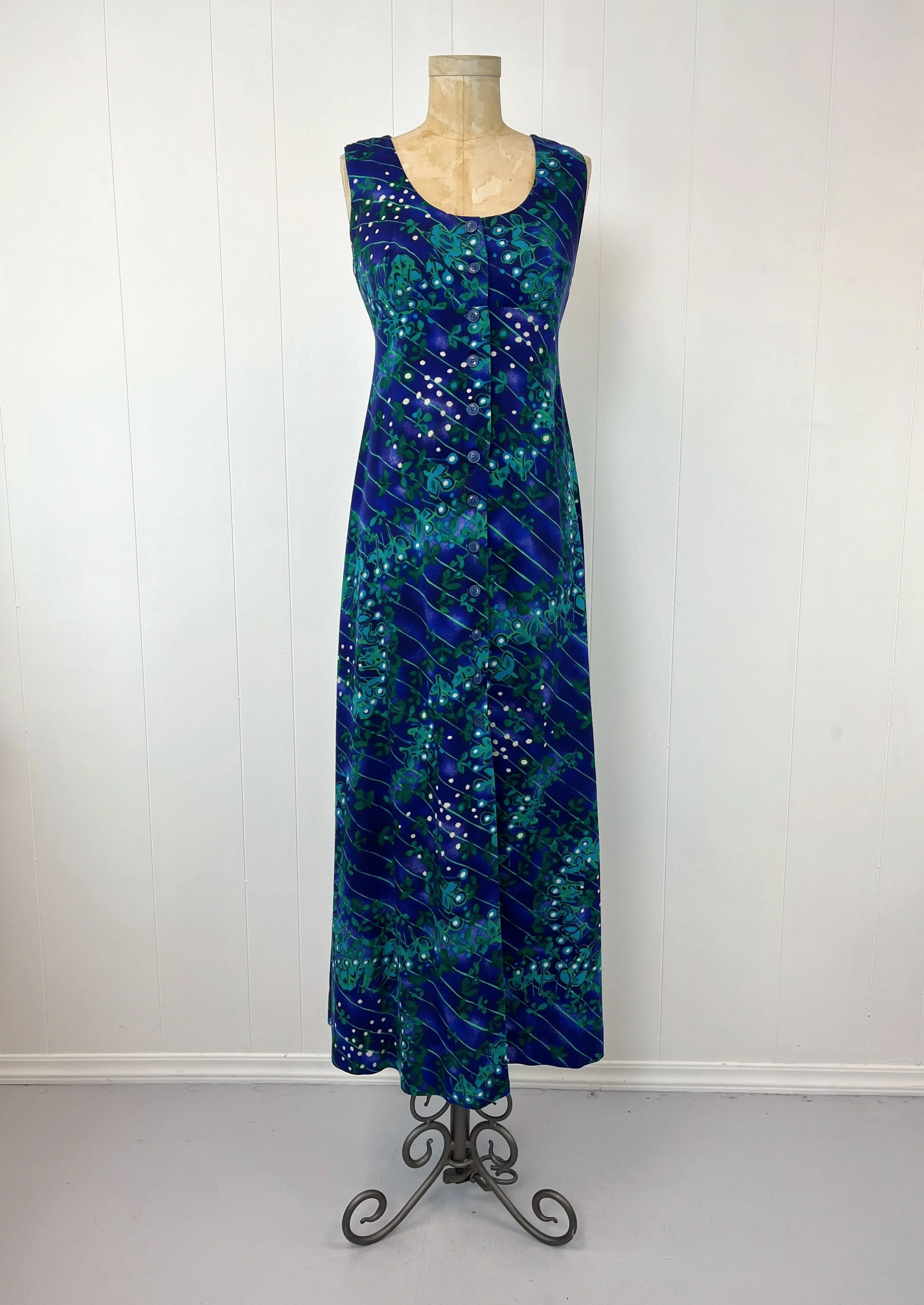 1960s Hawaiian Blue Green Floral Print Fumi's at Waikiki Tiki Maxi Dress Gown  Canned Ham Vintage