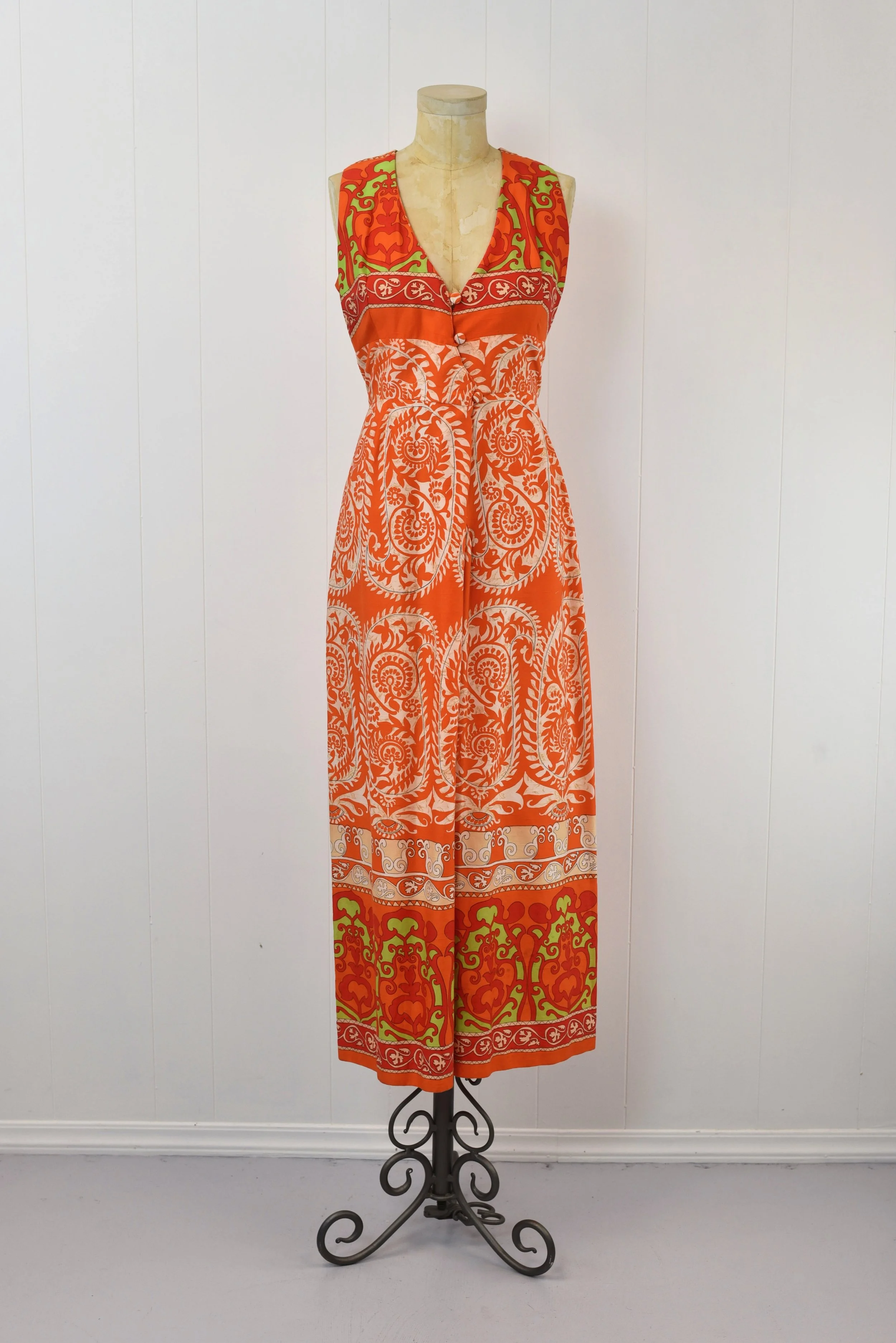 1970s Malihini Hawaii Orange Red Paisley Floral Ethnic Pattern Cotton Maxi Dress Gown  Canned Ham Vintage