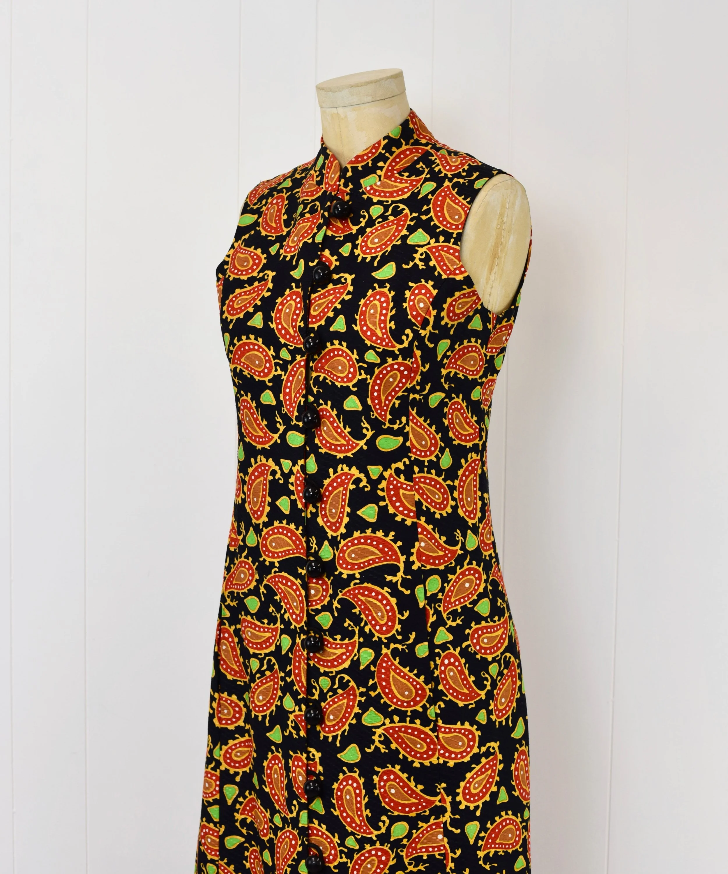 1960s Abercrombie & Fitch Psychedelic Paisley Polka Dot Black Red Colorful Long  Maxi Duster Dress Gown  Canned Ham Vintage