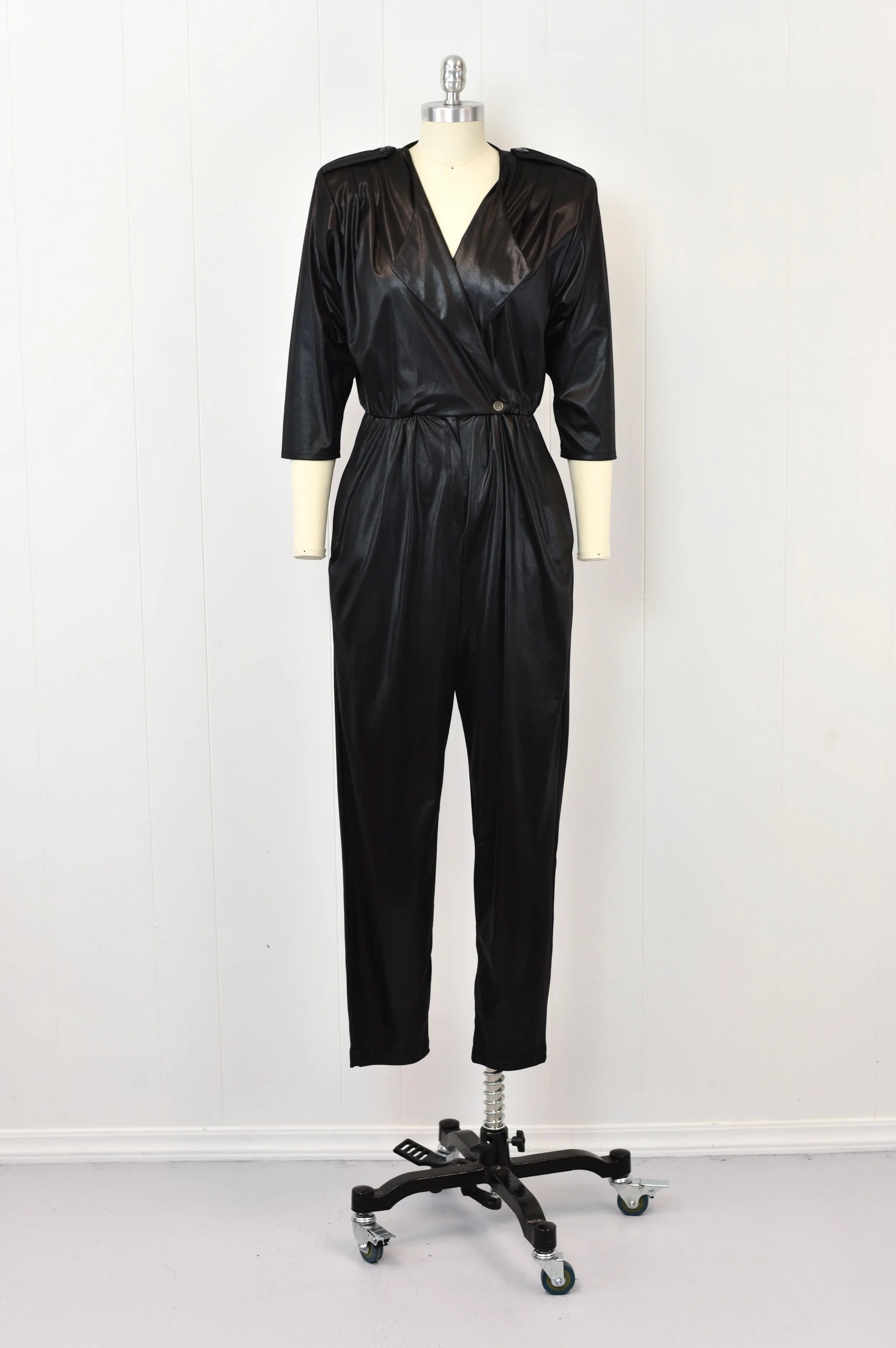 1980s Black Wet Look Disco Glam Rock Stash One Piece Jumpsuit