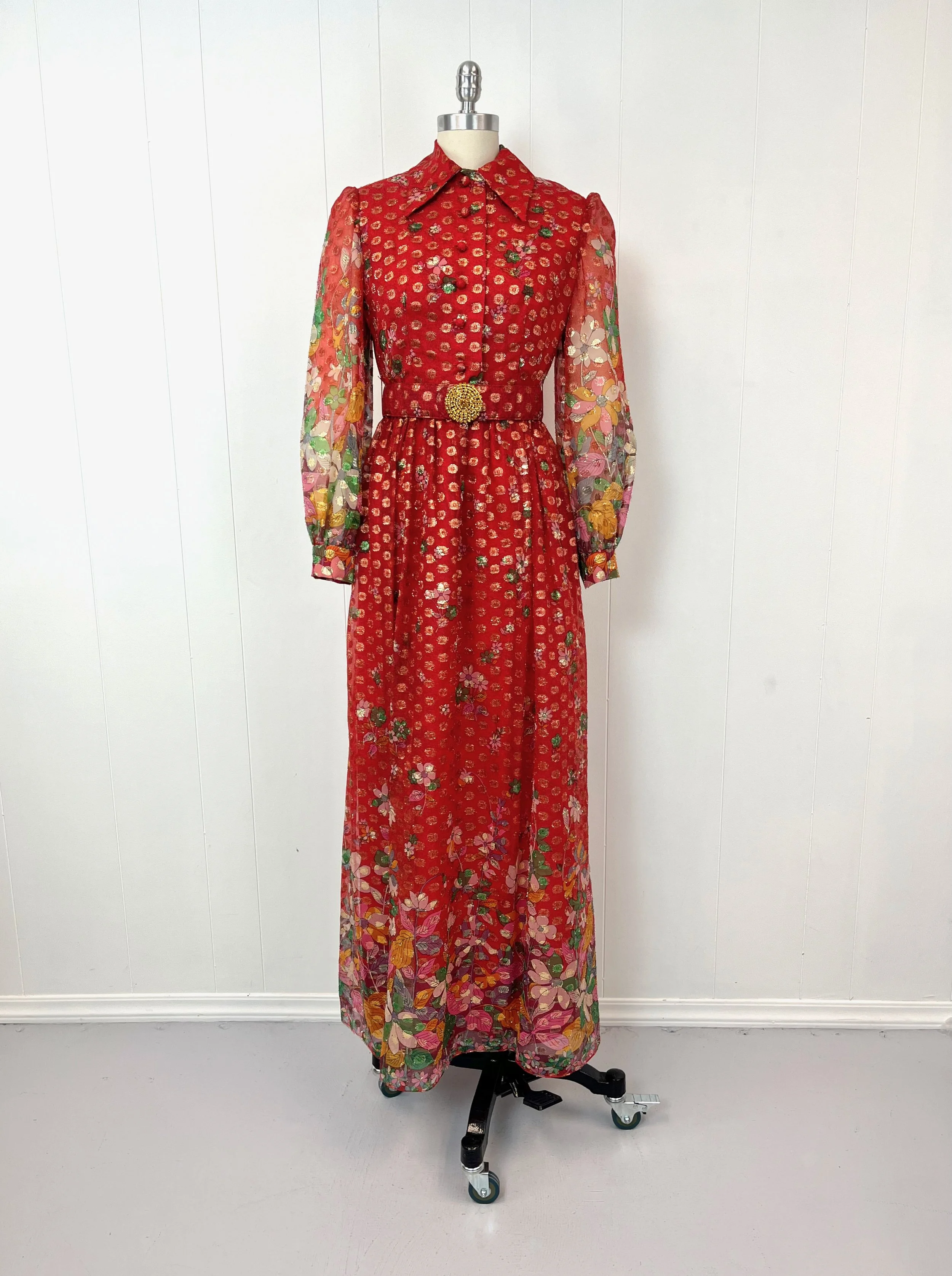 1960s/1970s Oscar de la Renta Red Metallic Gold Floral Psychedelic  Rhinestone Belt Palm Royale Maxi Dress Gown  Canned Ham Vintage