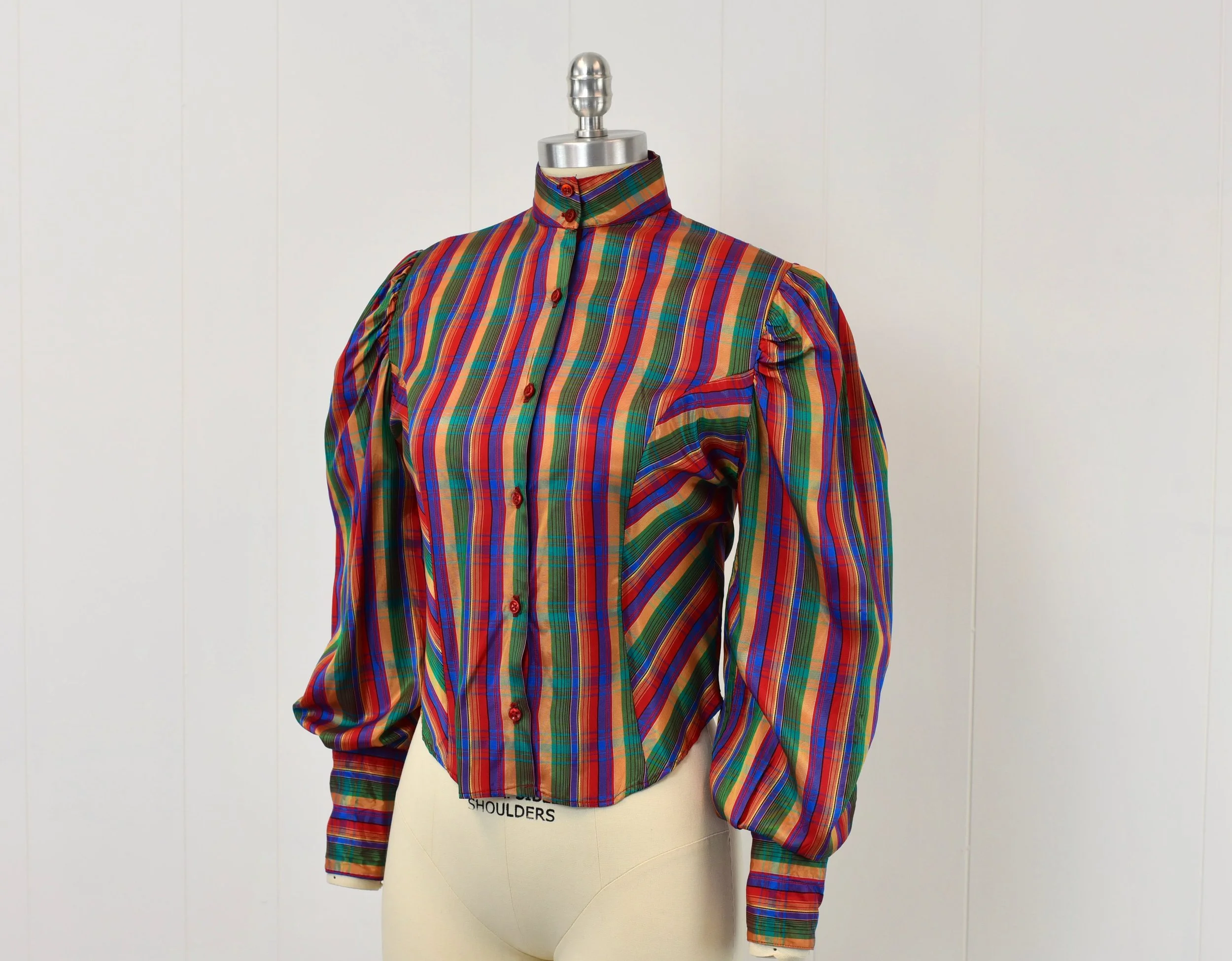 1980s Plaid Print Puffed Long Sleeve Acetate Sasha Blouse Shirt