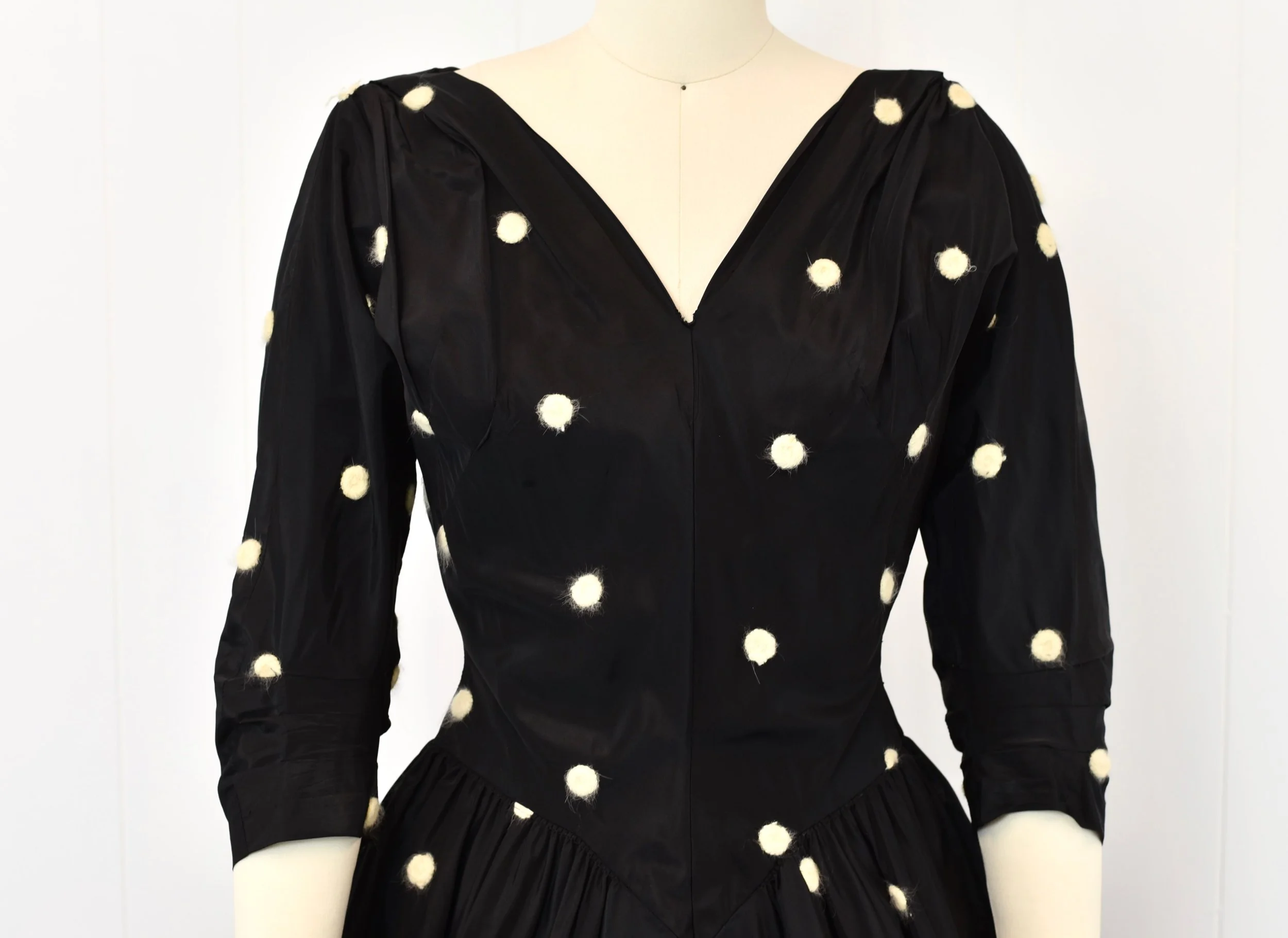 1950s Polka Dot Black White R&K Originals Taffeta Pinup Mrs. Maisel Circle  Skirt Party Dress  Canned Ham Vintage