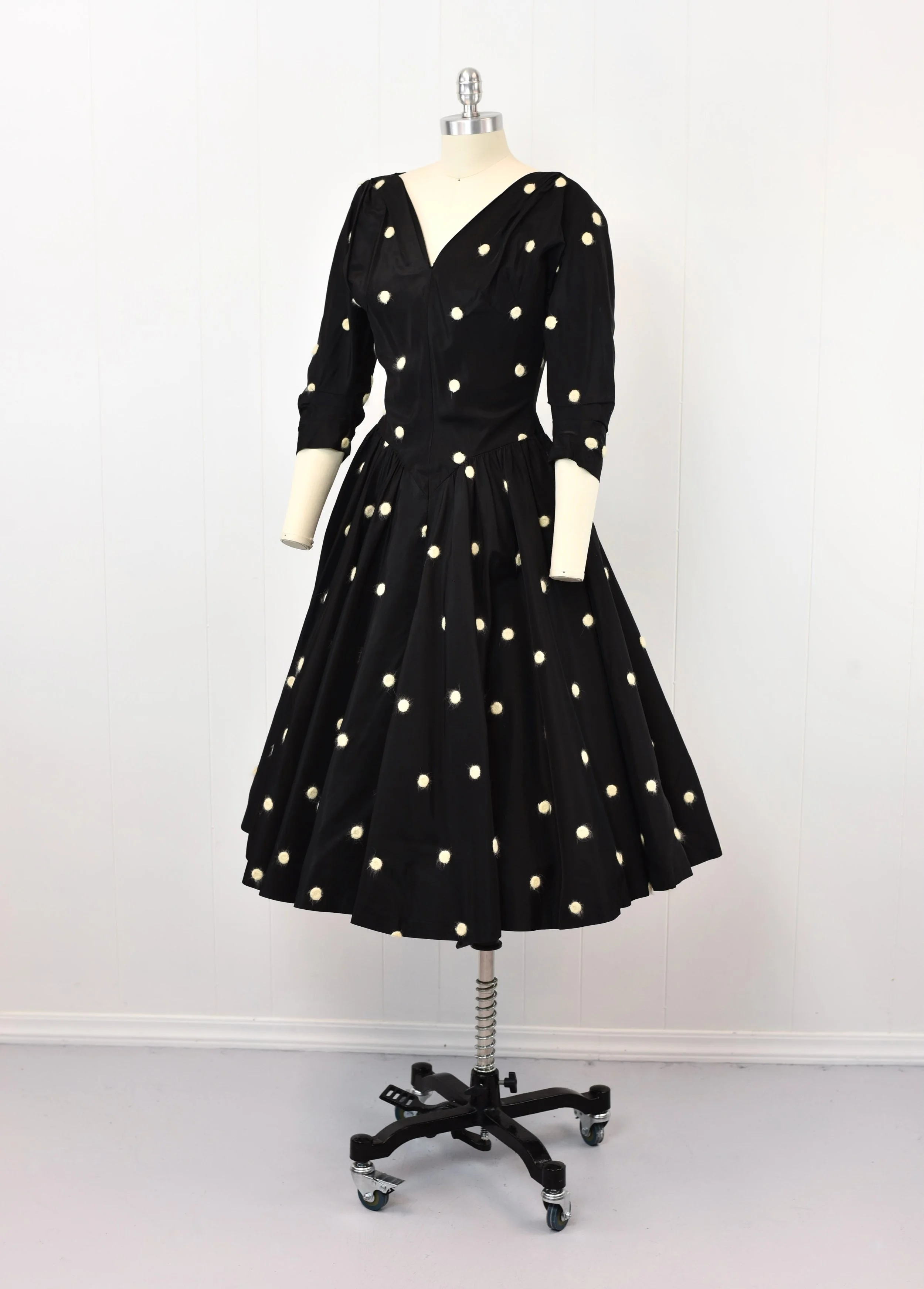 1950s Polka Dot Black White R&K Originals Taffeta Pinup Mrs. Maisel Circle Skirt Party Dress Canned Ham Vintage 1950s Polka Dot Black White R&K Originals Taffeta Pinup Mrs. Maisel Circle Skirt Party Dress Canned Ham Vintage