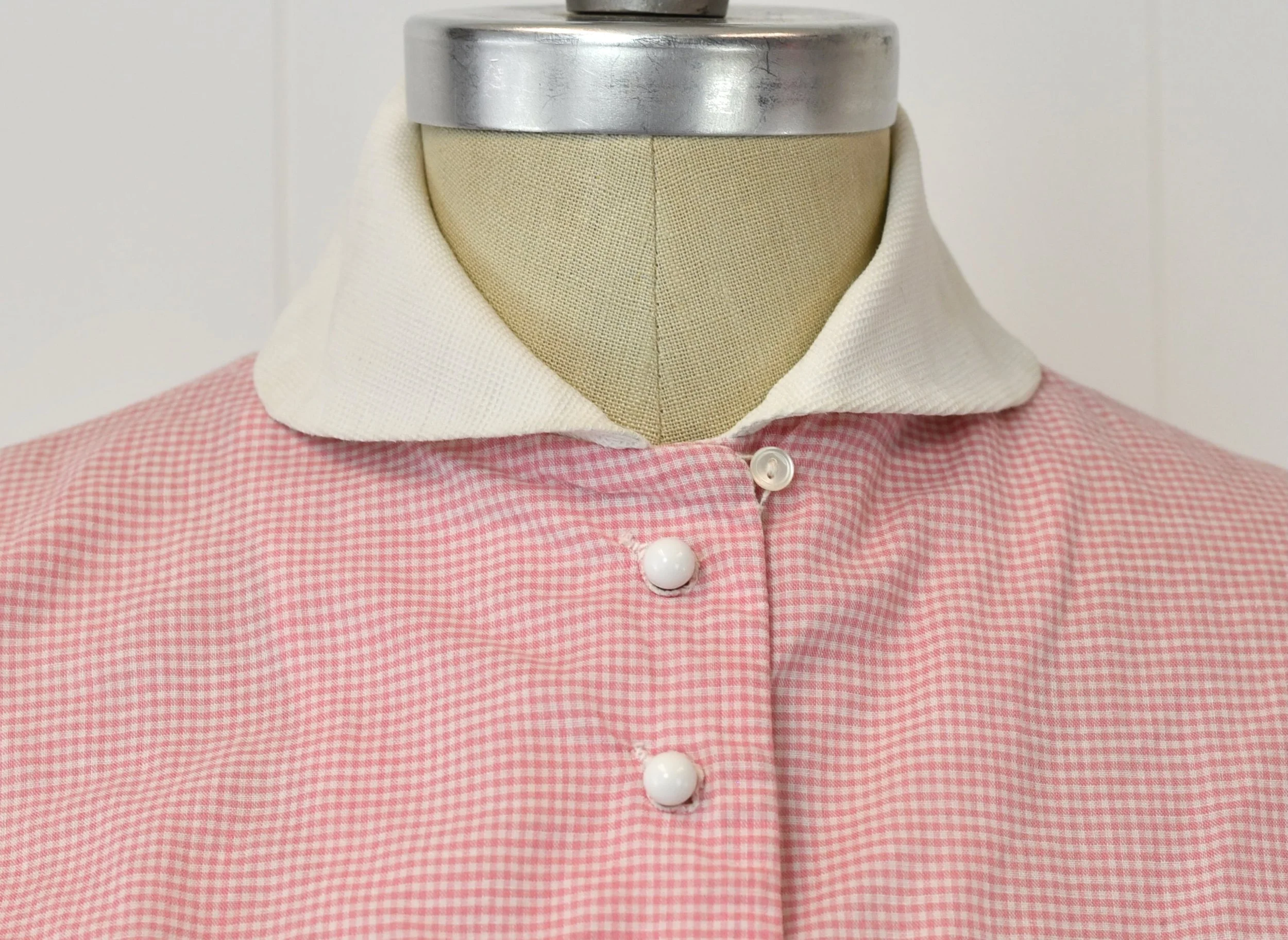 1950s Pink Gingham Cotton Puff Sleeve Blouse Circle Skirt Pinup 