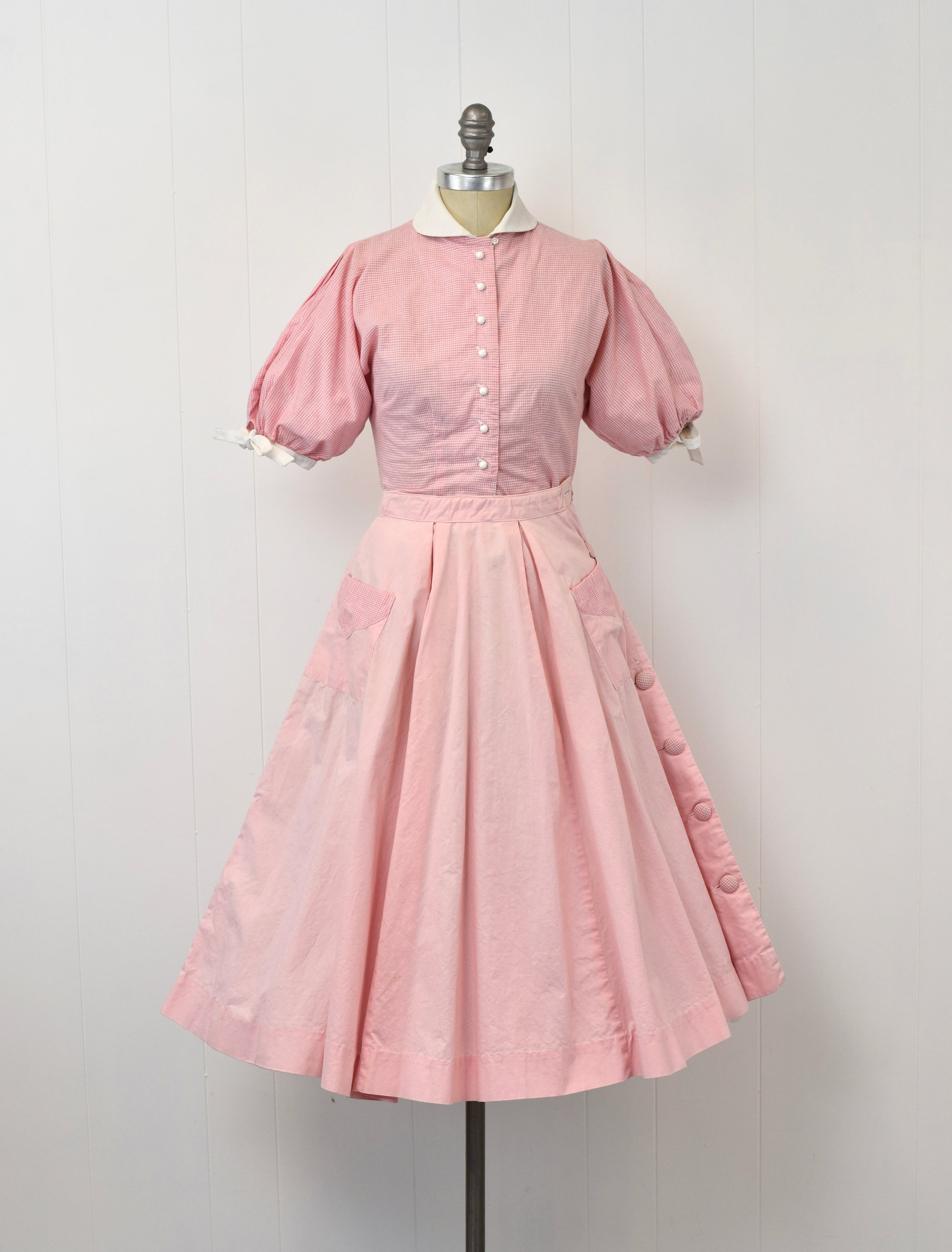 1950s Pink Gingham Cotton Puff Sleeve Blouse Circle Skirt Pinup Petite  Matching Two Piece Set  Canned Ham Vintage
