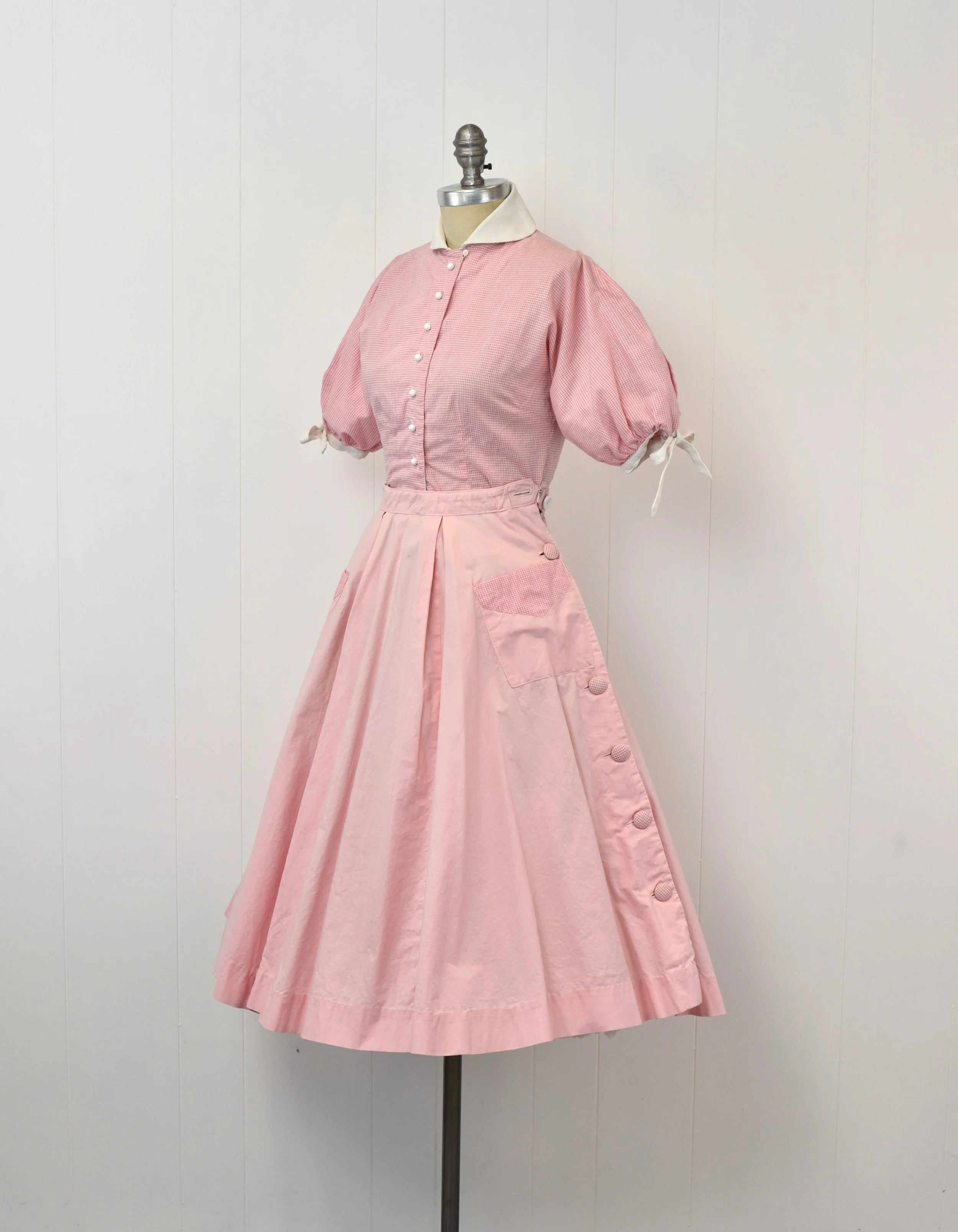 1950s Pink Gingham Cotton Puff Sleeve Blouse Circle Skirt Pinup