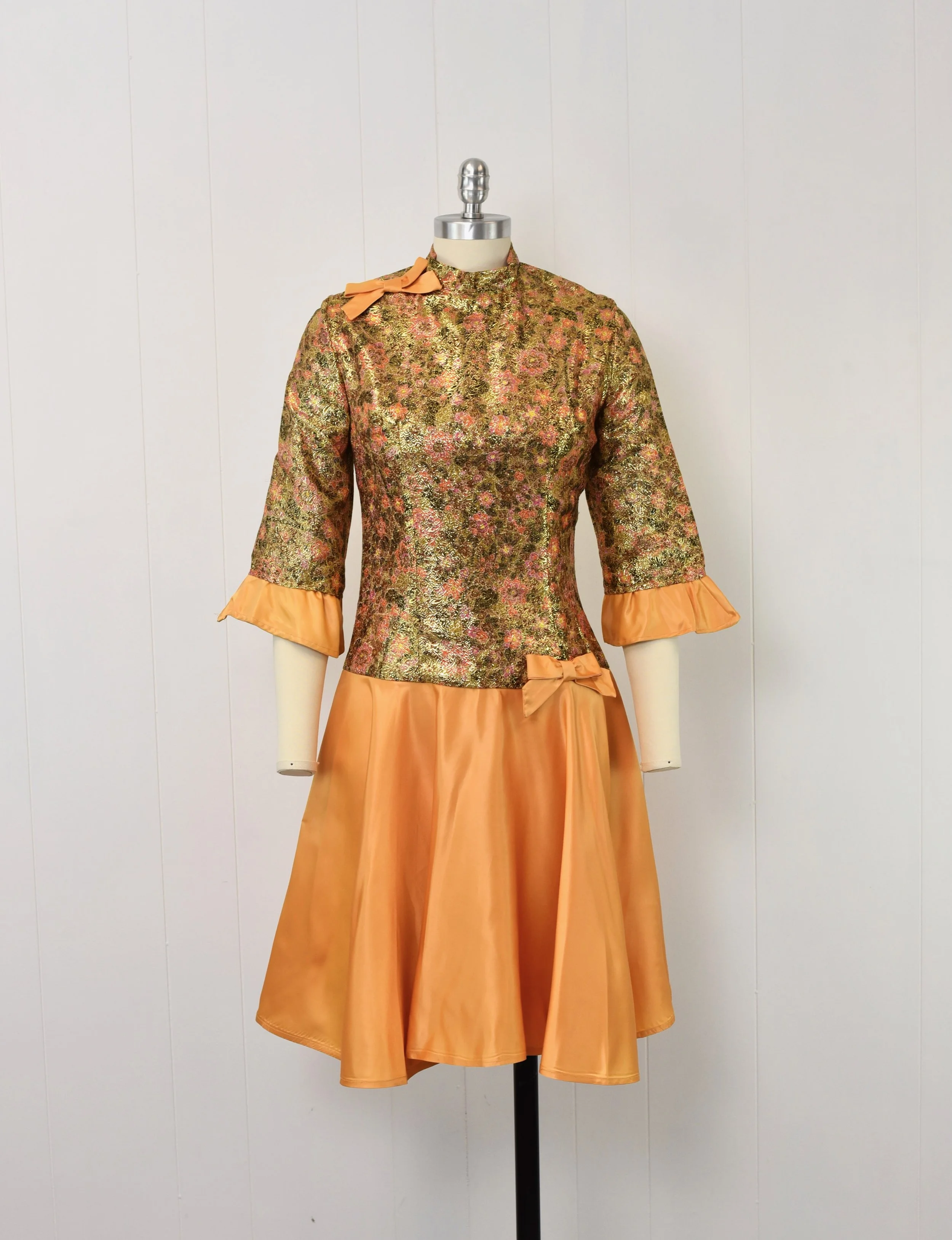 1960s Metallic Brocade Floral Orange Peach Satin Drop Waist Mod Mid Century  Party Dress  Canned Ham Vintage