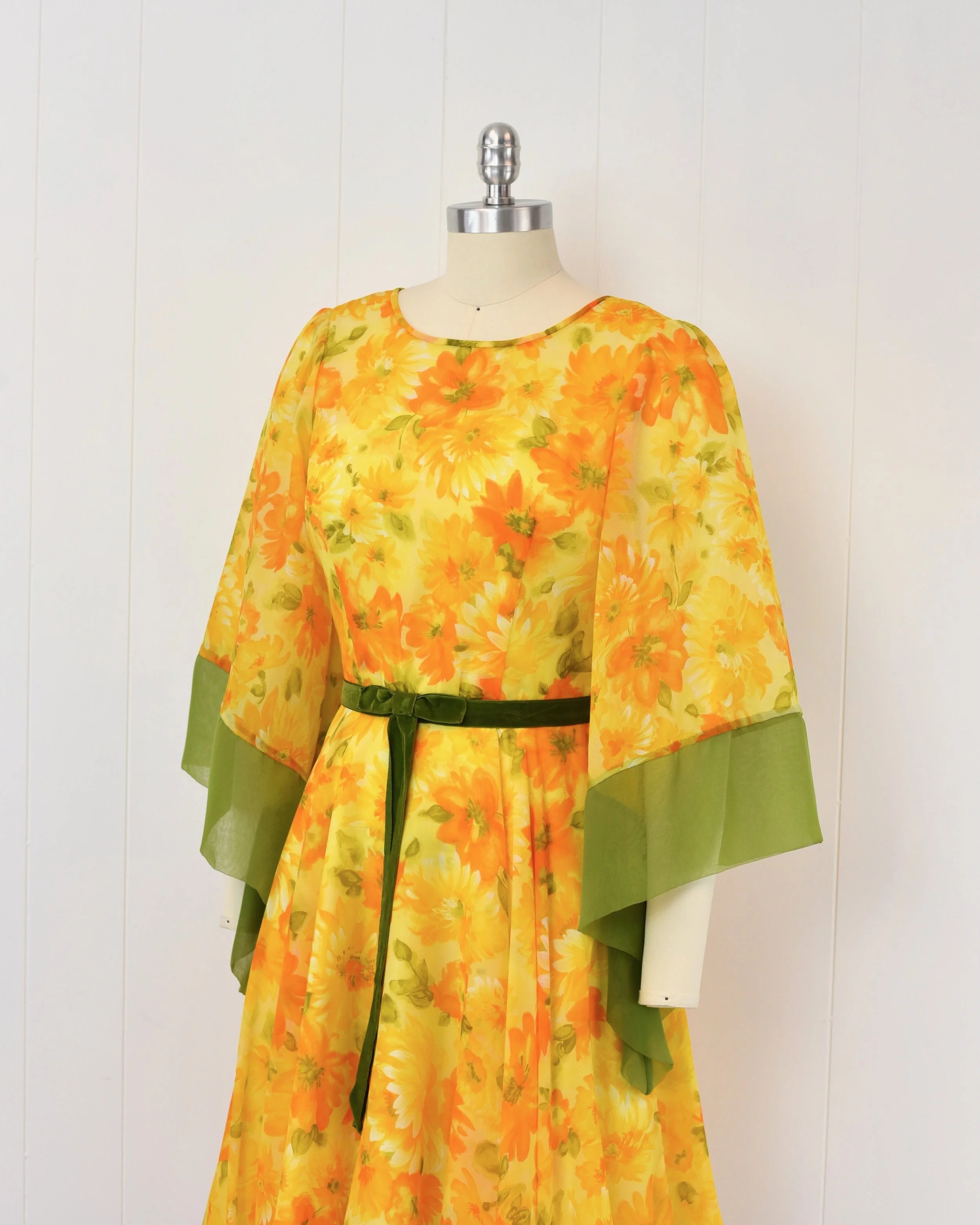 1960s Flower Power Orange Yellow Chiffon Green Angel Wing Sleeve Party Dress  Canned Ham Vintage