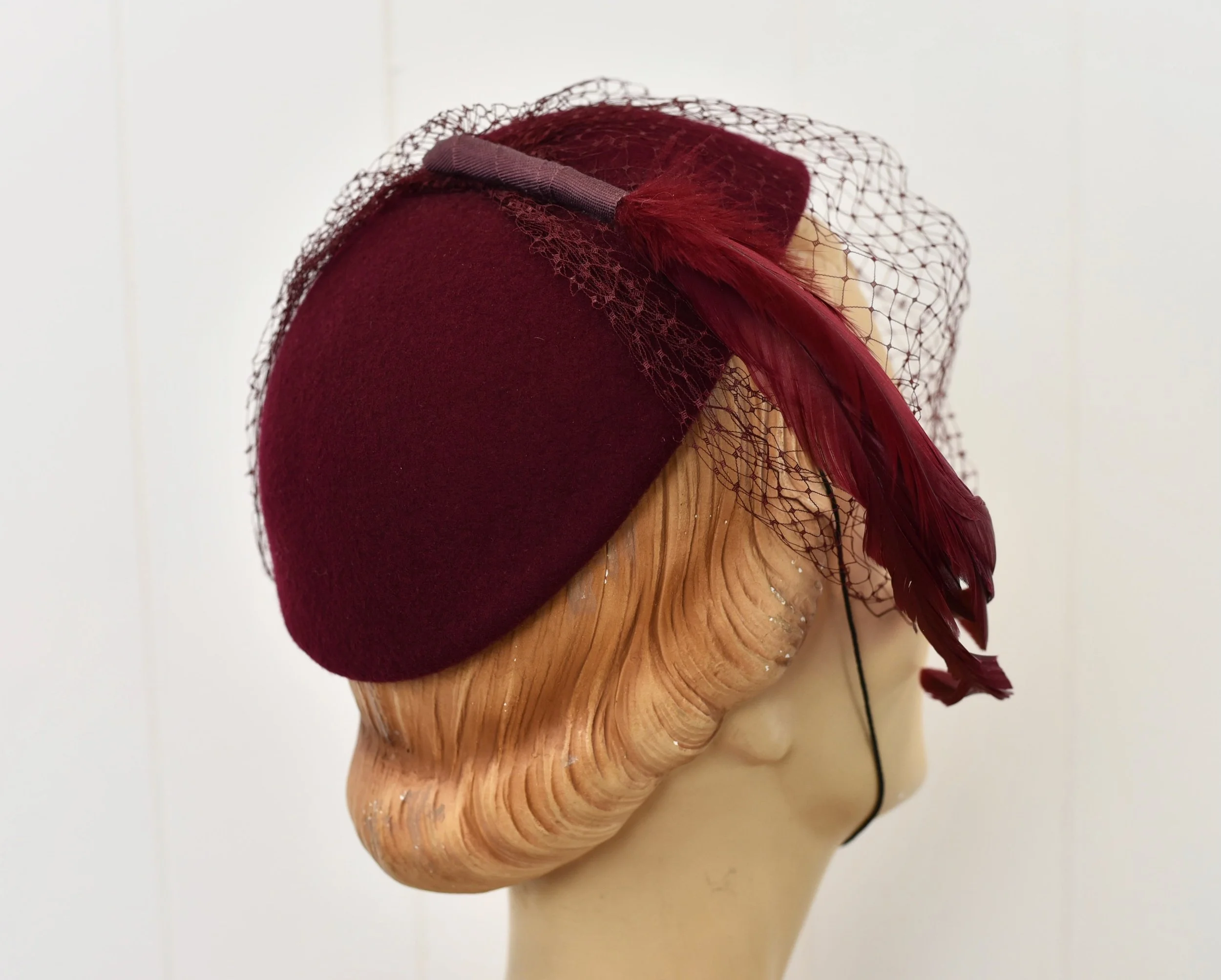 1940s Wine Red Burgundy Feather Birdcage Veil Felt Fascinator