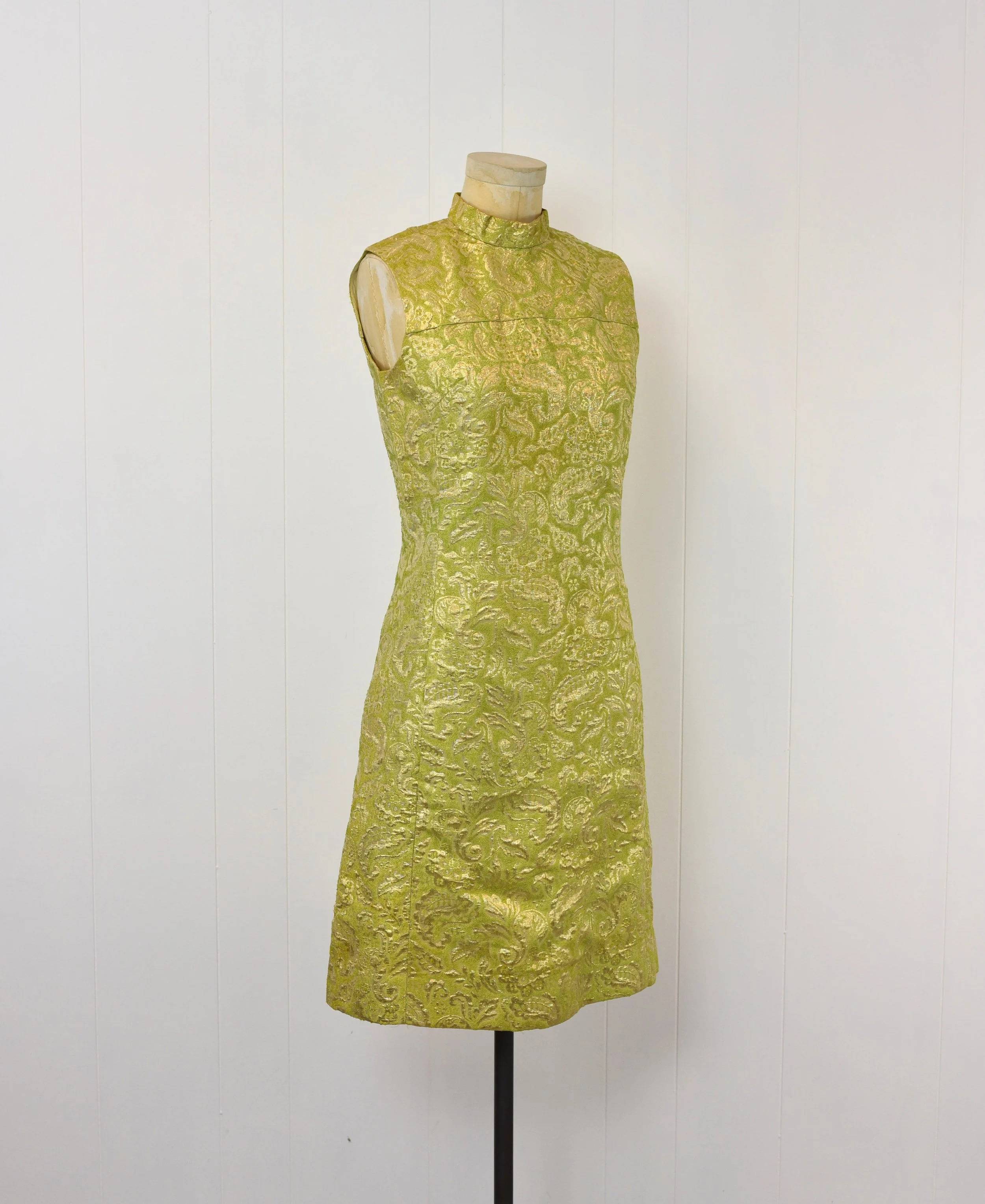 1960s Lime Green Metallic Gold Paisley Floral Brocade Shift