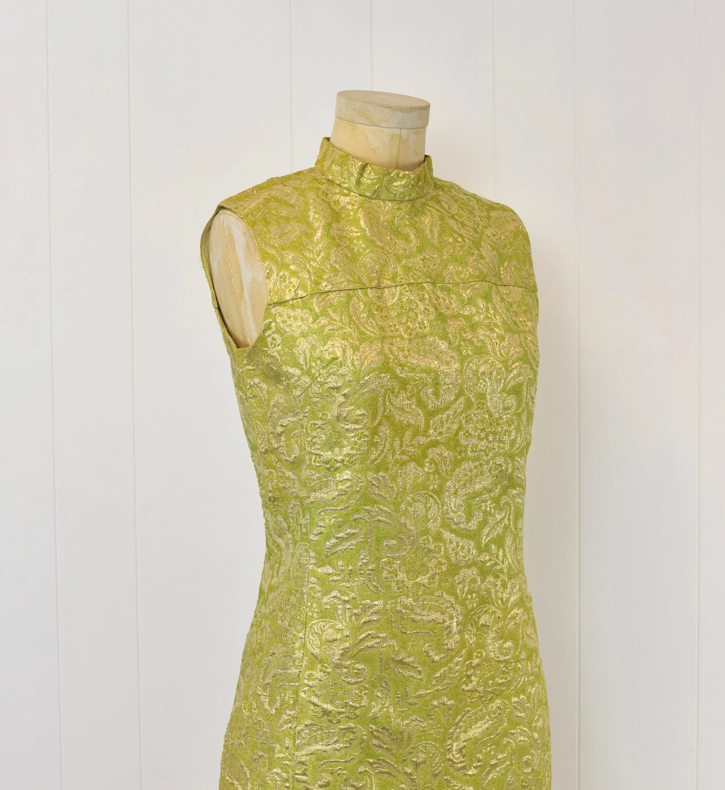 1960s Lime Green Metallic Gold Paisley Floral Brocade Shift Cocktail Party  Dress  Canned Ham Vintage