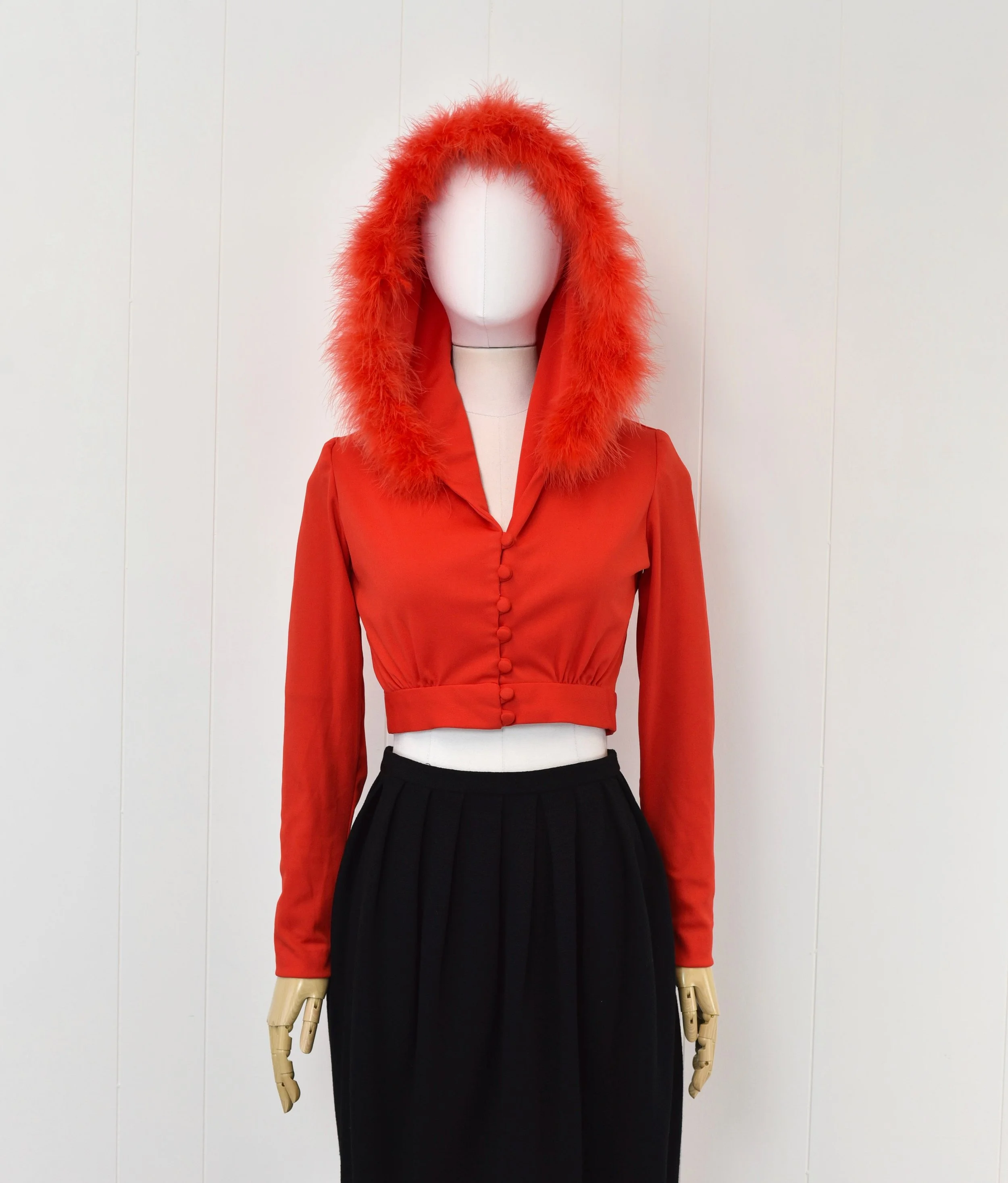 1970s Orange Red Hooded Marabou Feather Trim Cropped Button Up - Main Image