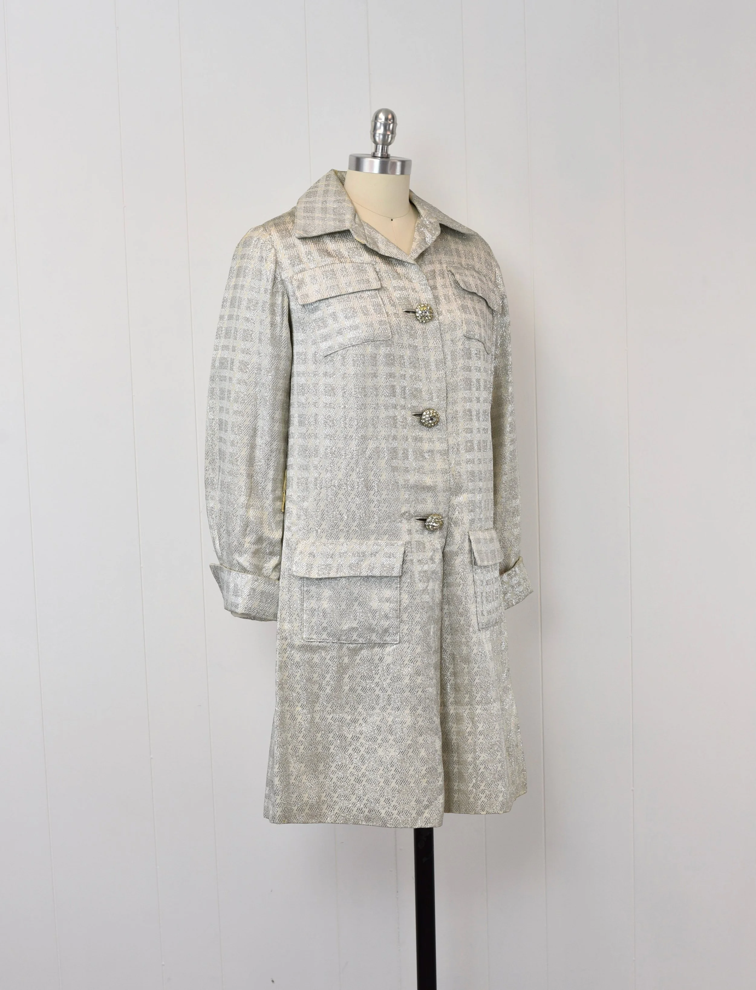 1960s Metallic Silver Plaid Checkerboard Brocade Rhinestone Button Dorothy  Lee by Buddy G Mod Palm Royale Party Shift Dress  Canned Ham Vintage