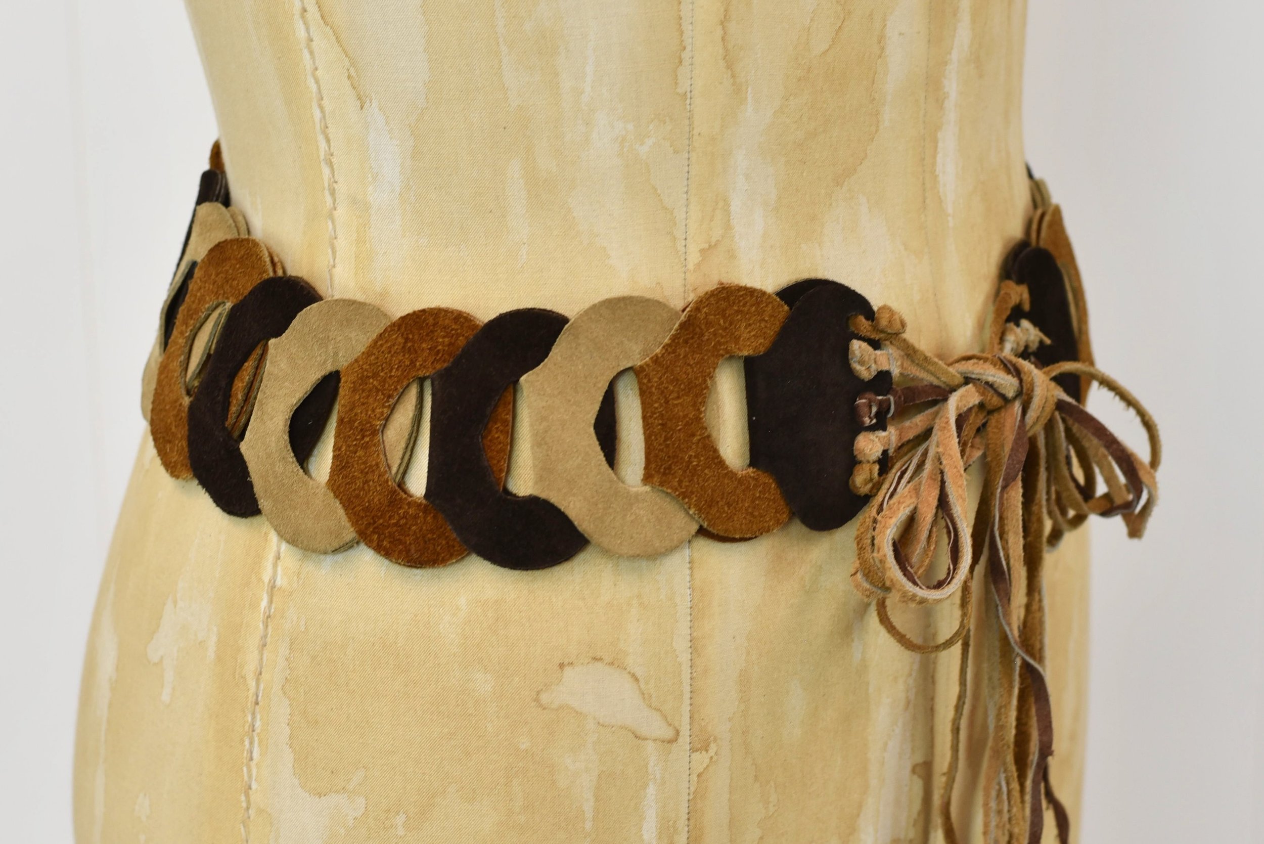1970s Linked Suede Leather Brown Tan Boho Hippie Tie 