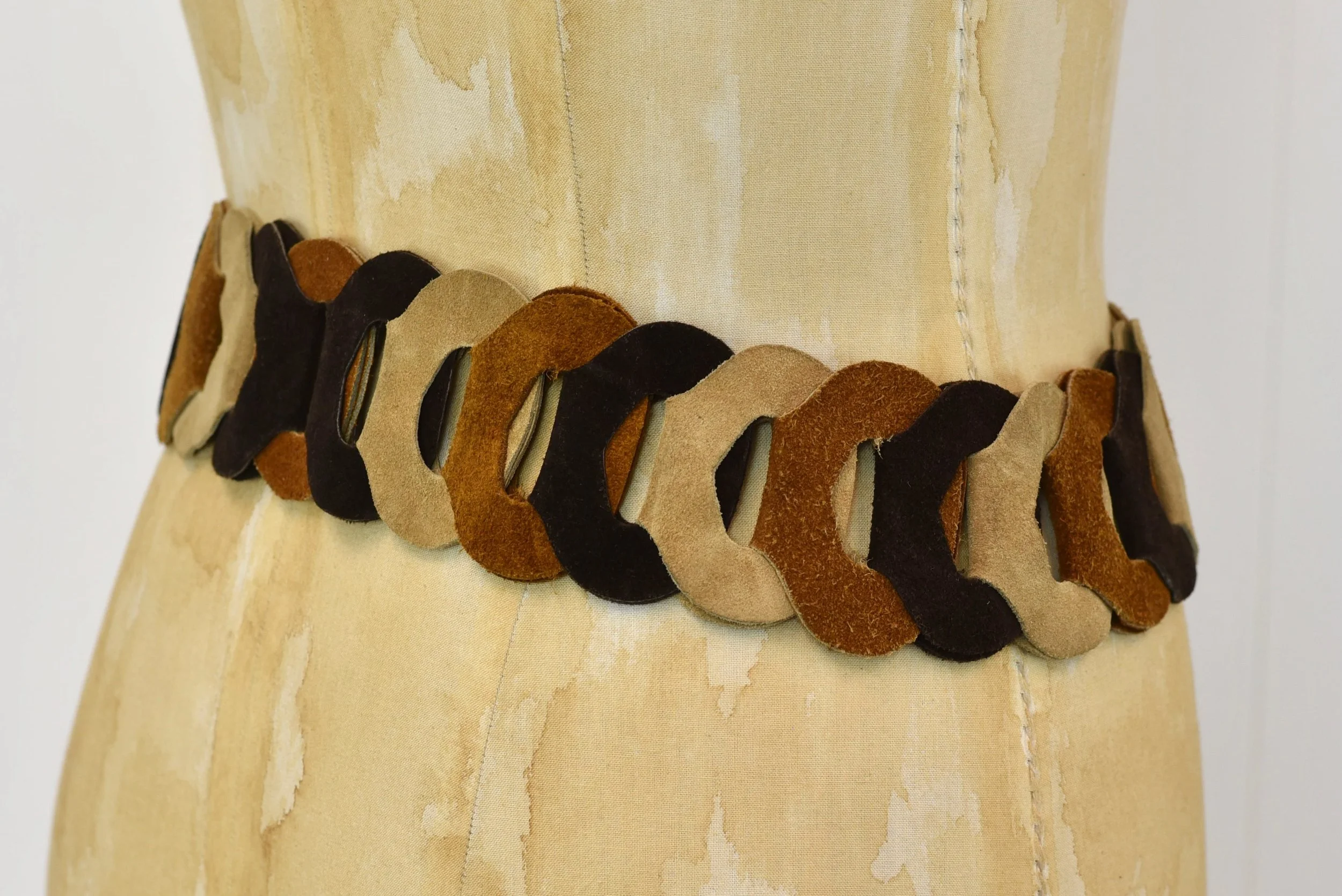1970s Linked Suede Leather Brown Tan Boho Hippie Tie 