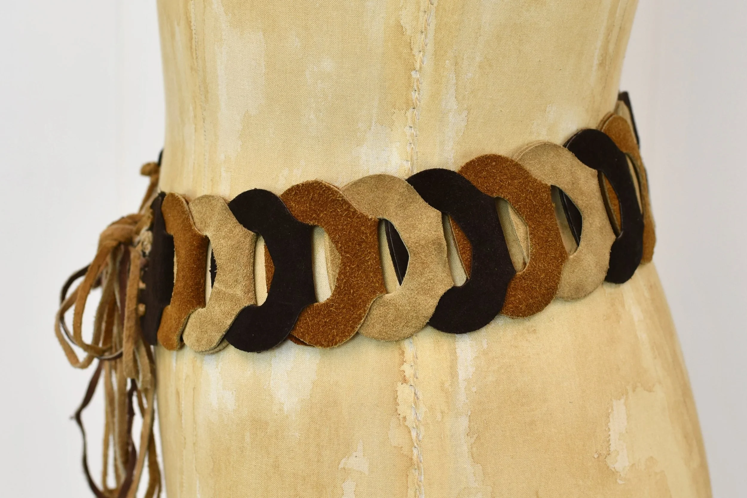 1970s Linked Suede Leather Brown Tan Boho Hippie Tie 