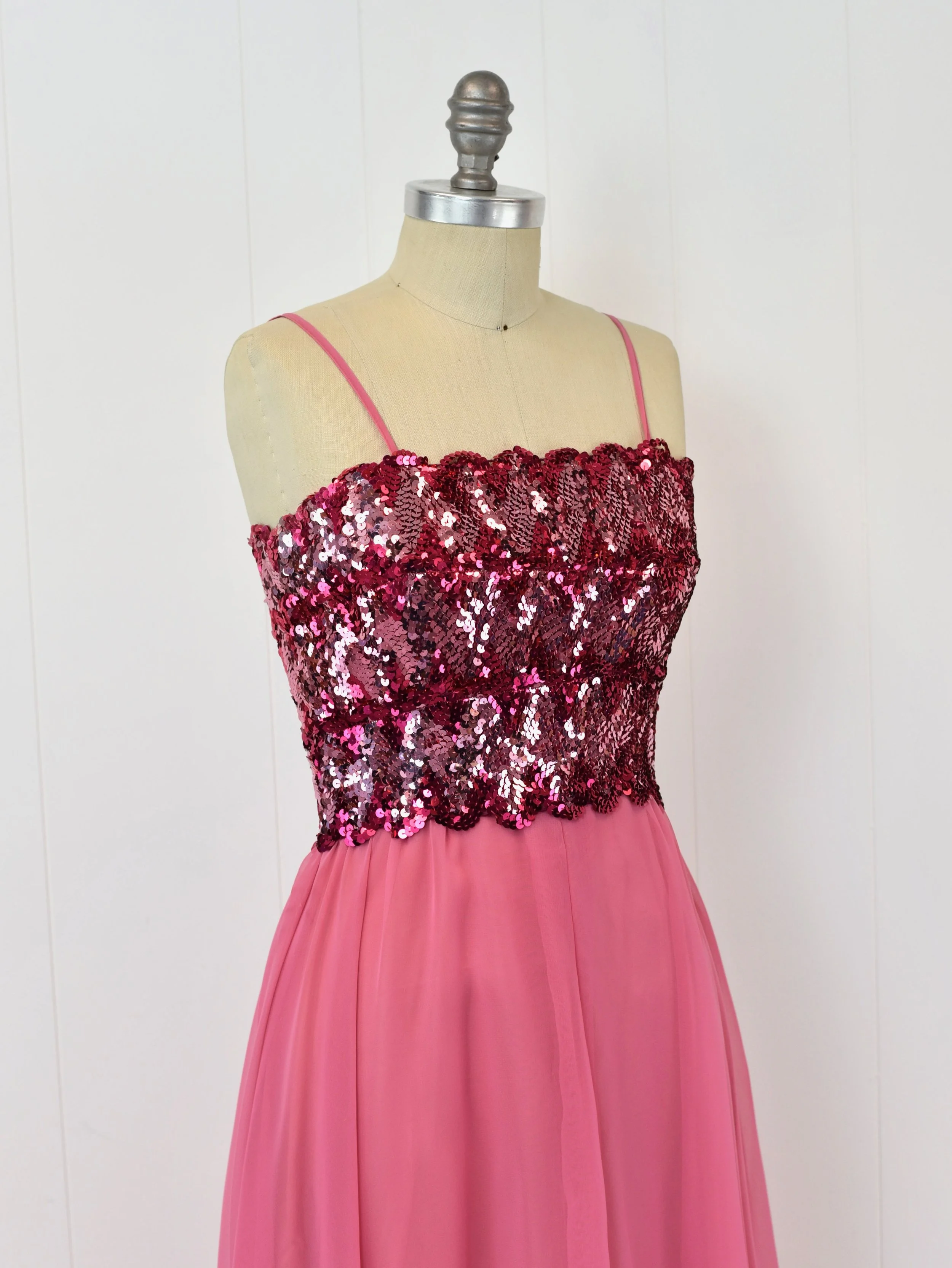 1970s/1980s Pink Magenta Sequin Chiffon Barbie Prom Party Maxi Dress Gown   Canned Ham Vintage