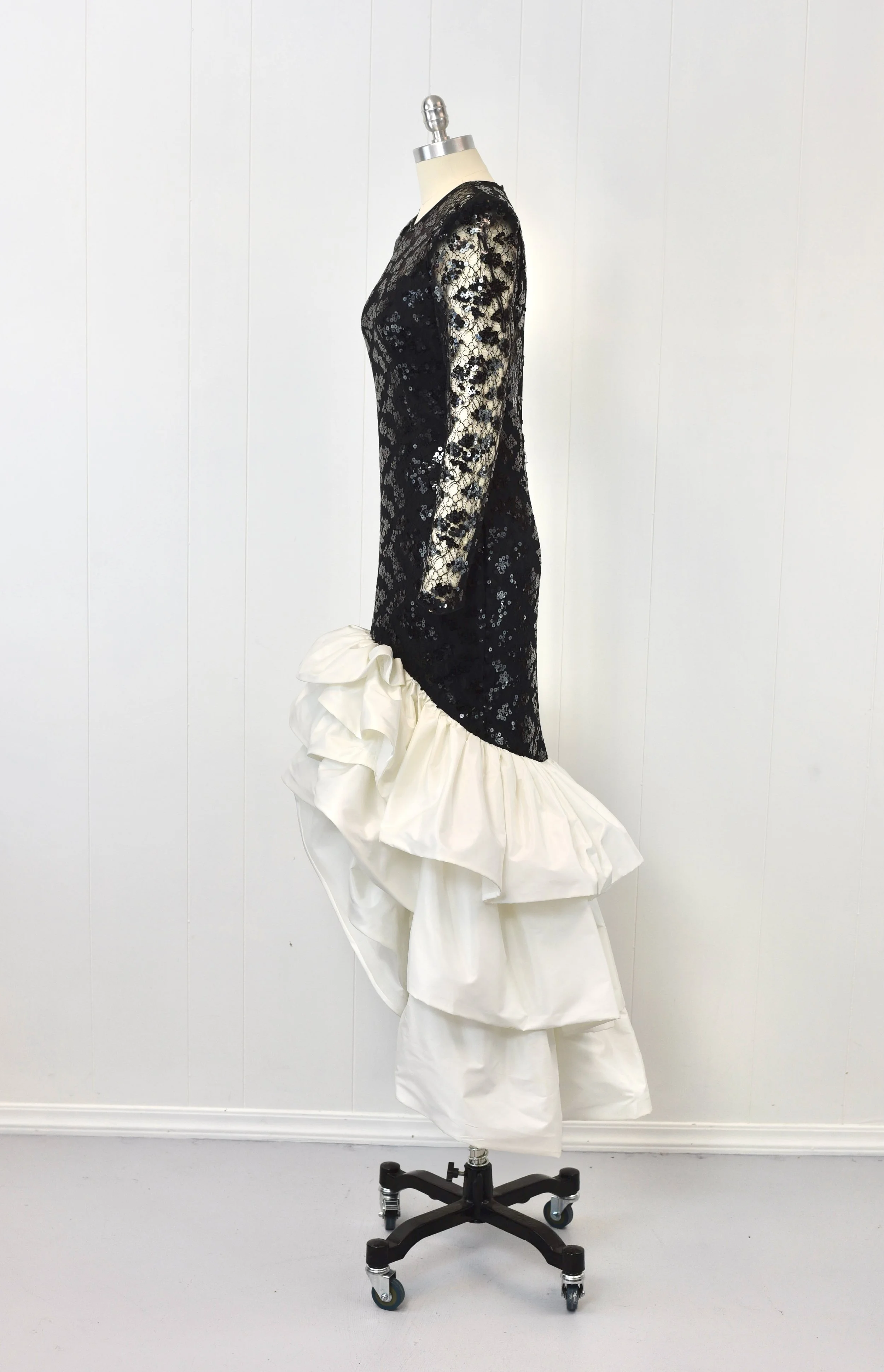 1980s Black White Sequin Tulle Lace Ruffled After Five by Julie Duroche Party Maxi Mermaid Dress Gown Canned Ham Vintage 1980s Black White Sequin Tulle Lace Ruffled After Five by Julie Duroche Party Maxi Mermaid Dress Gown Canned Ham Vintage