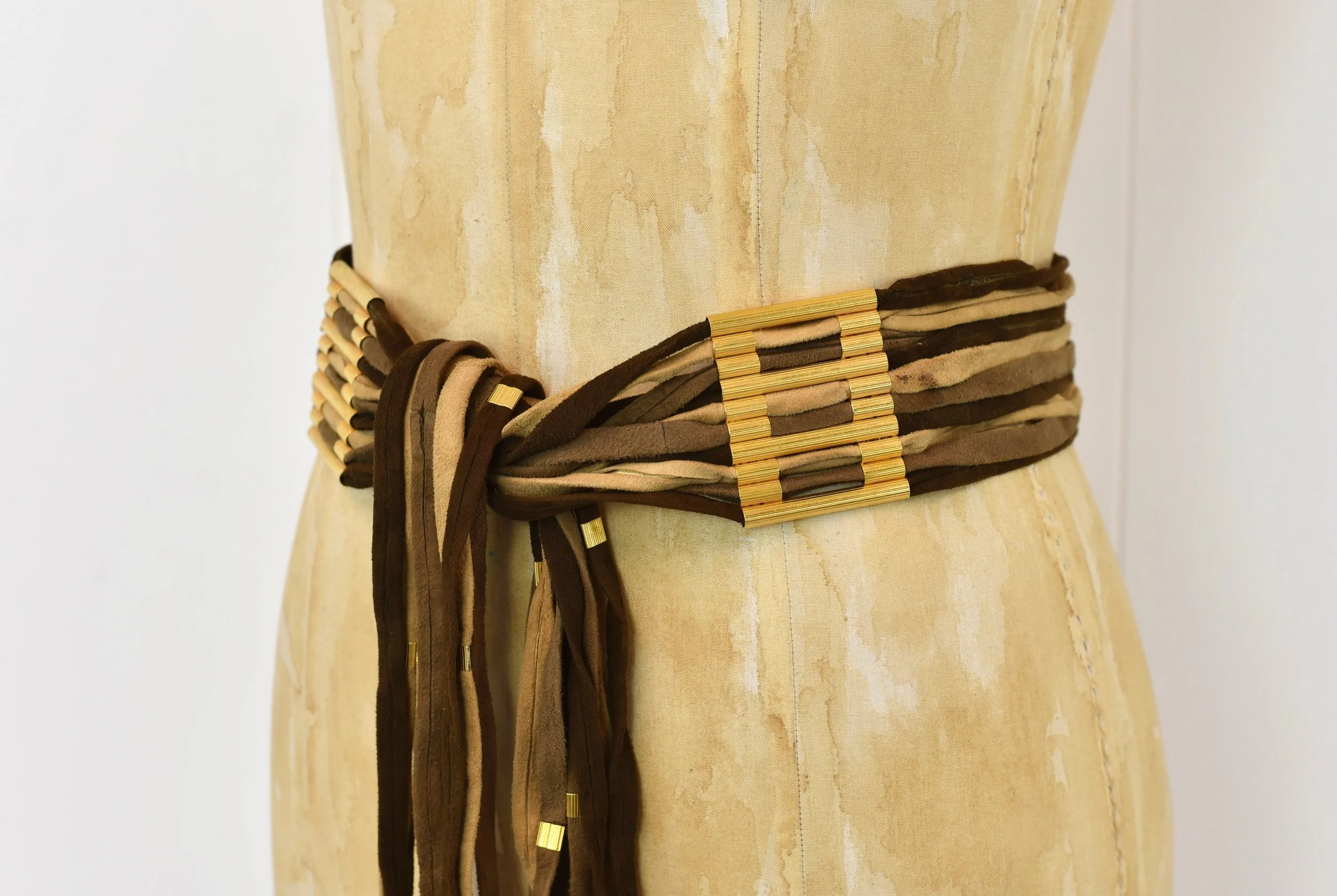 Boho Suede Braided Fringe Tie Belt | Two-Tone Tan & Brown Cutout Leather Fringe Belt for sale | eBay main image 2