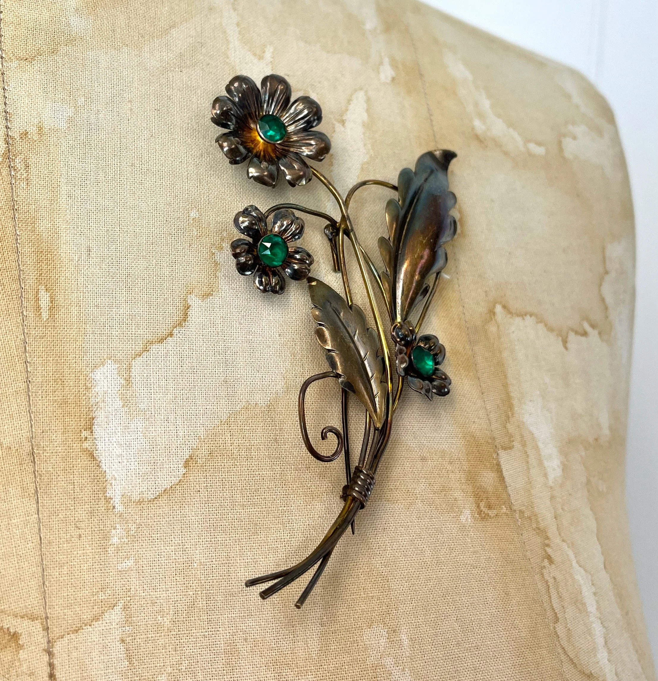 Vintage Topaz AB Rhinestone Floral Brooch Green Navette Gold Tone 2.25\
