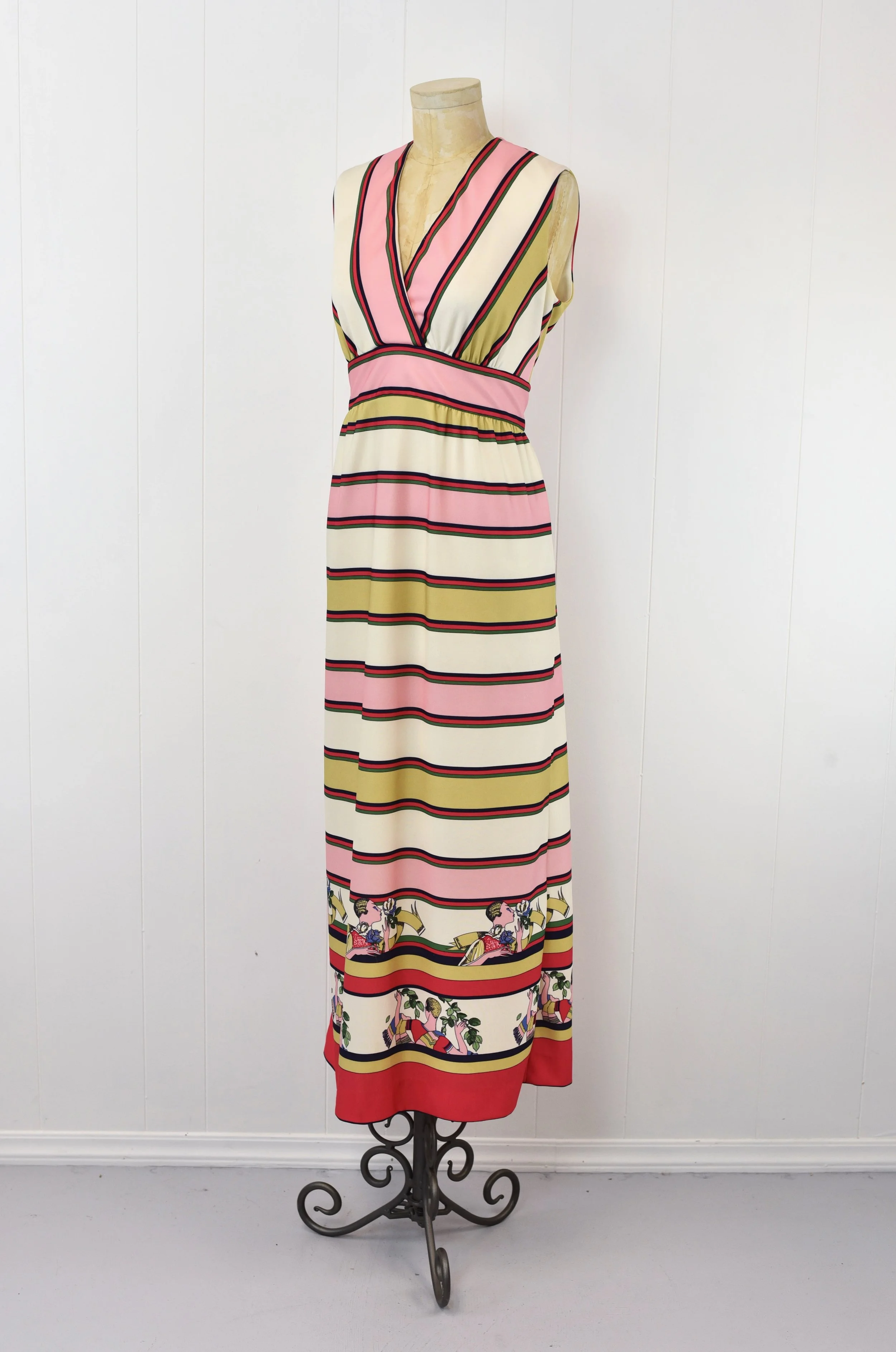 1970s Art Deco Flapper 1920s Ladies Novelty Print Striped Leslie Fay Original Maxi Dress  Canned Ham Vintage