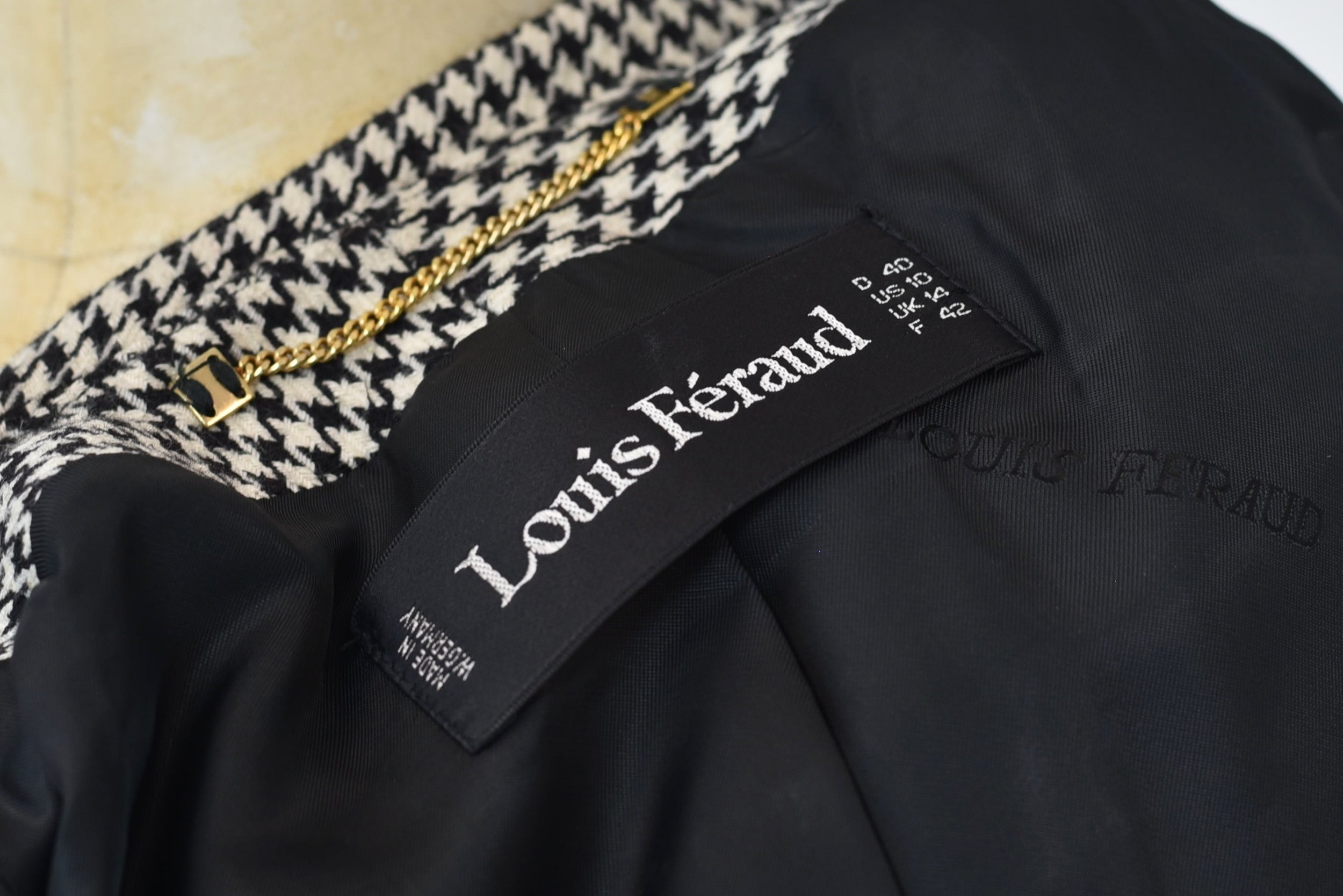1980s Louis Feraud Paris Houndstooth Wool Black White Pearl Button