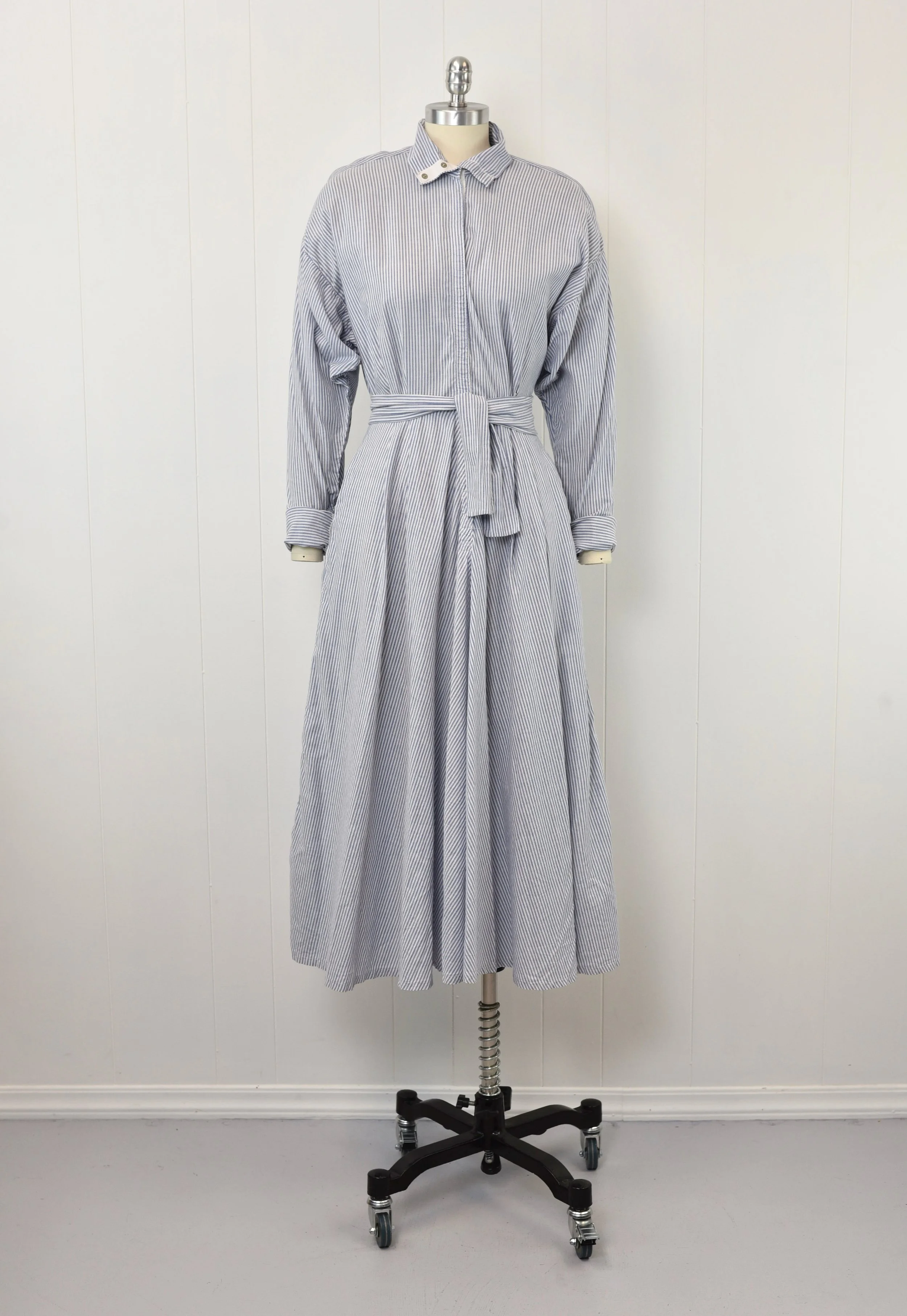 1980s Norma Kamali Blue White Striped Cotton Shirt Dress with