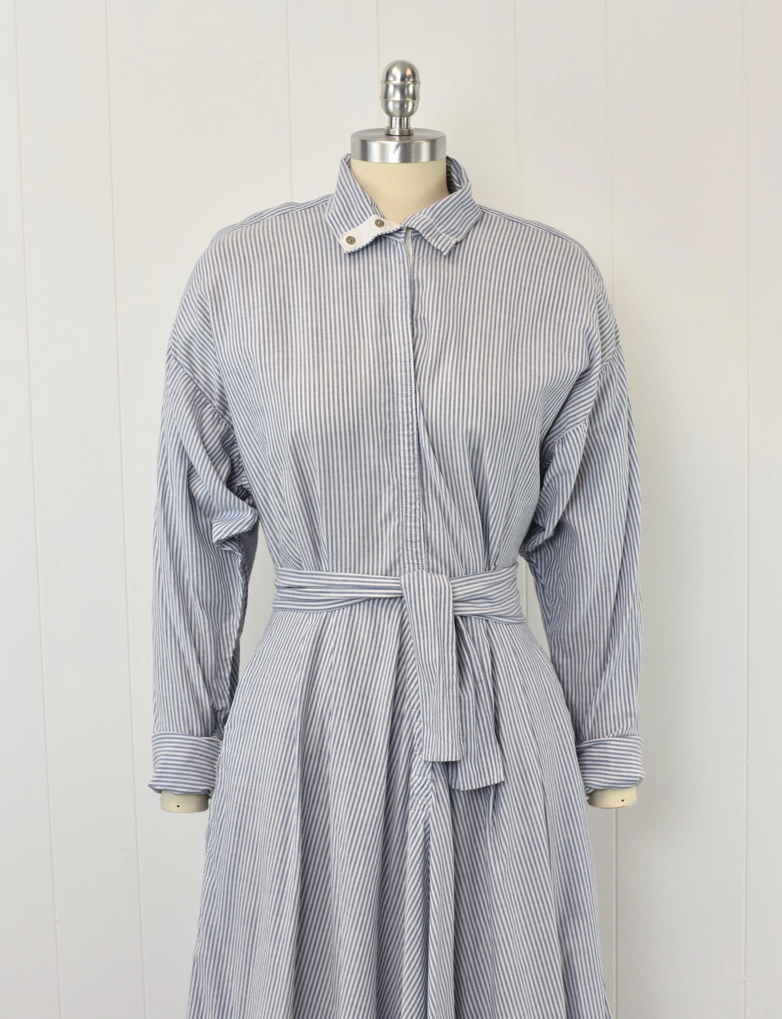 1980s Norma Kamali Blue White Striped Cotton Shirt Dress with 