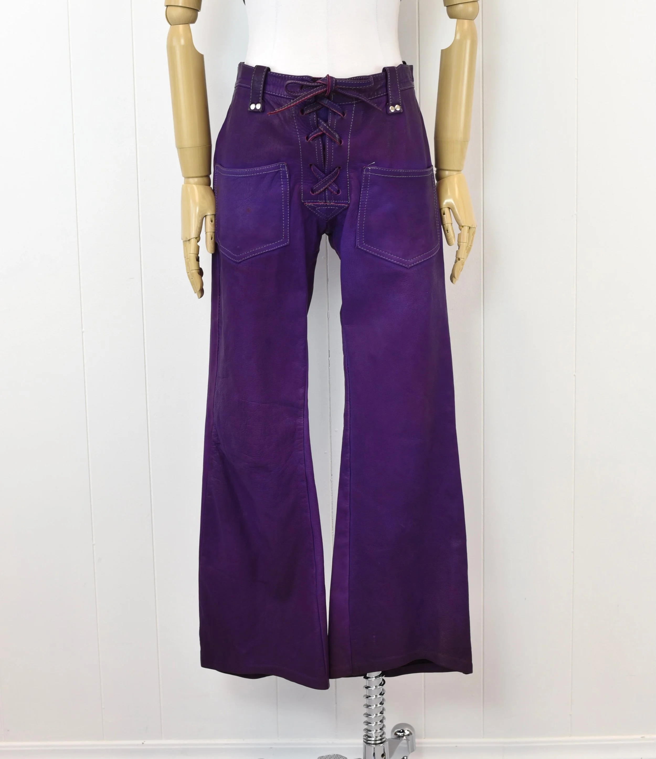 1970s Purple Leather Lace Up Fitted Groovy Bell Bottom Flared