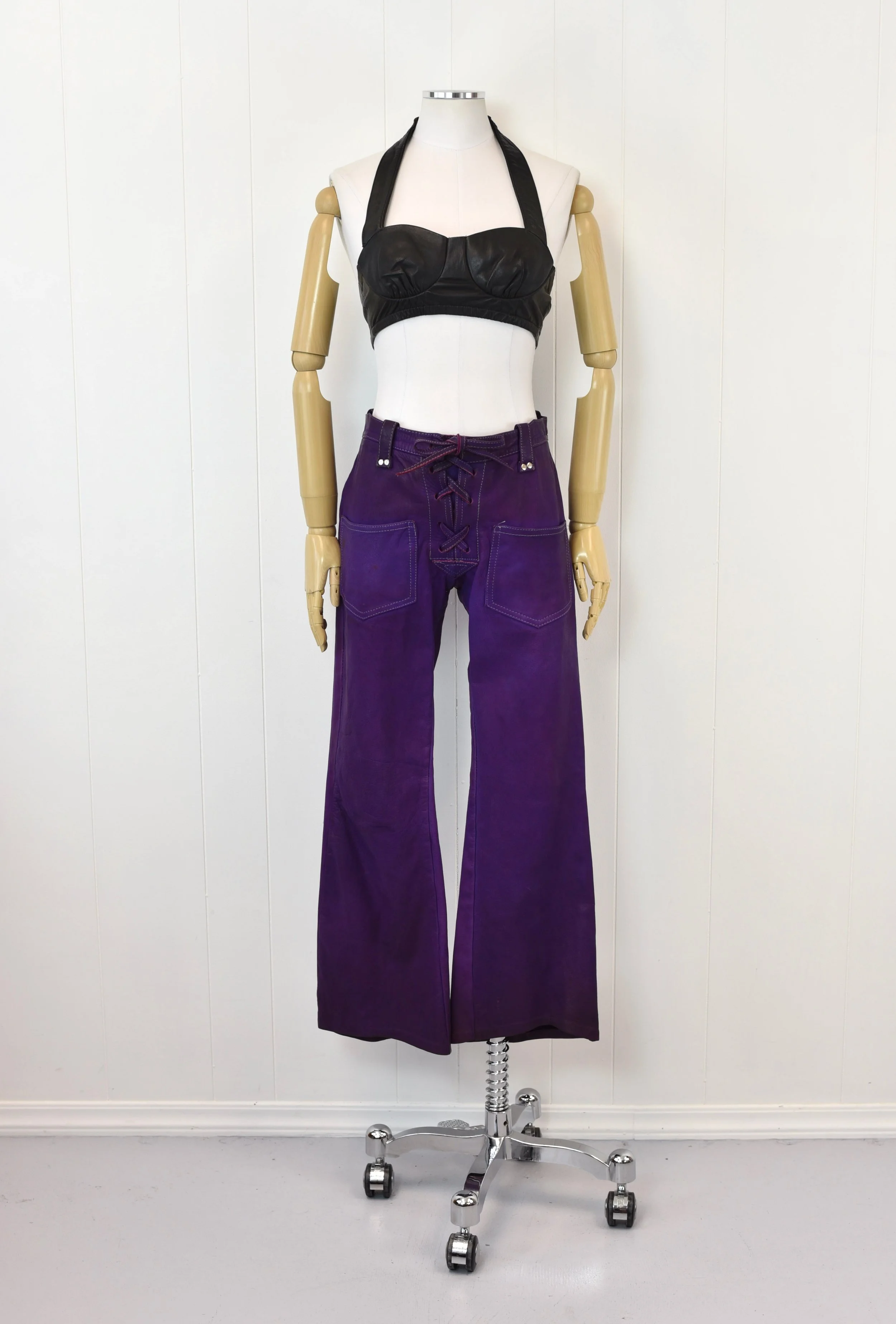 1970s Purple Leather Lace Up Fitted Groovy Bell Bottom Flared - Main Image