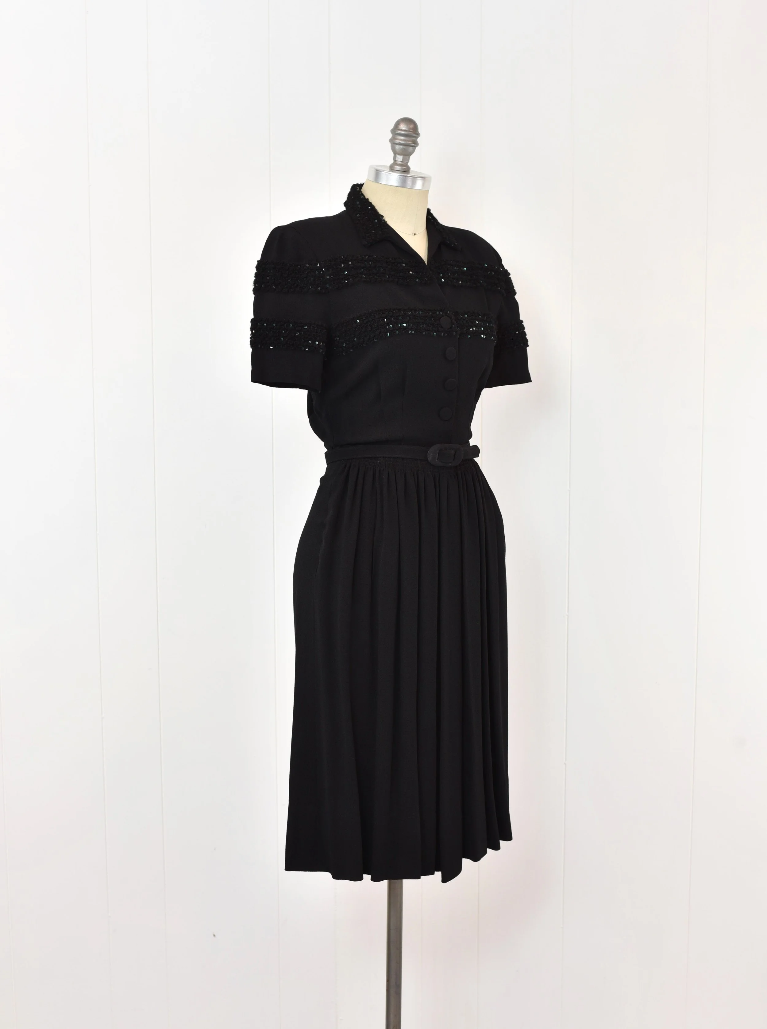 1940s Black Sequin Embellished Striped Rayon Femme Fatale Noir Pinup Dress with Belt  Canned Ham Vintage