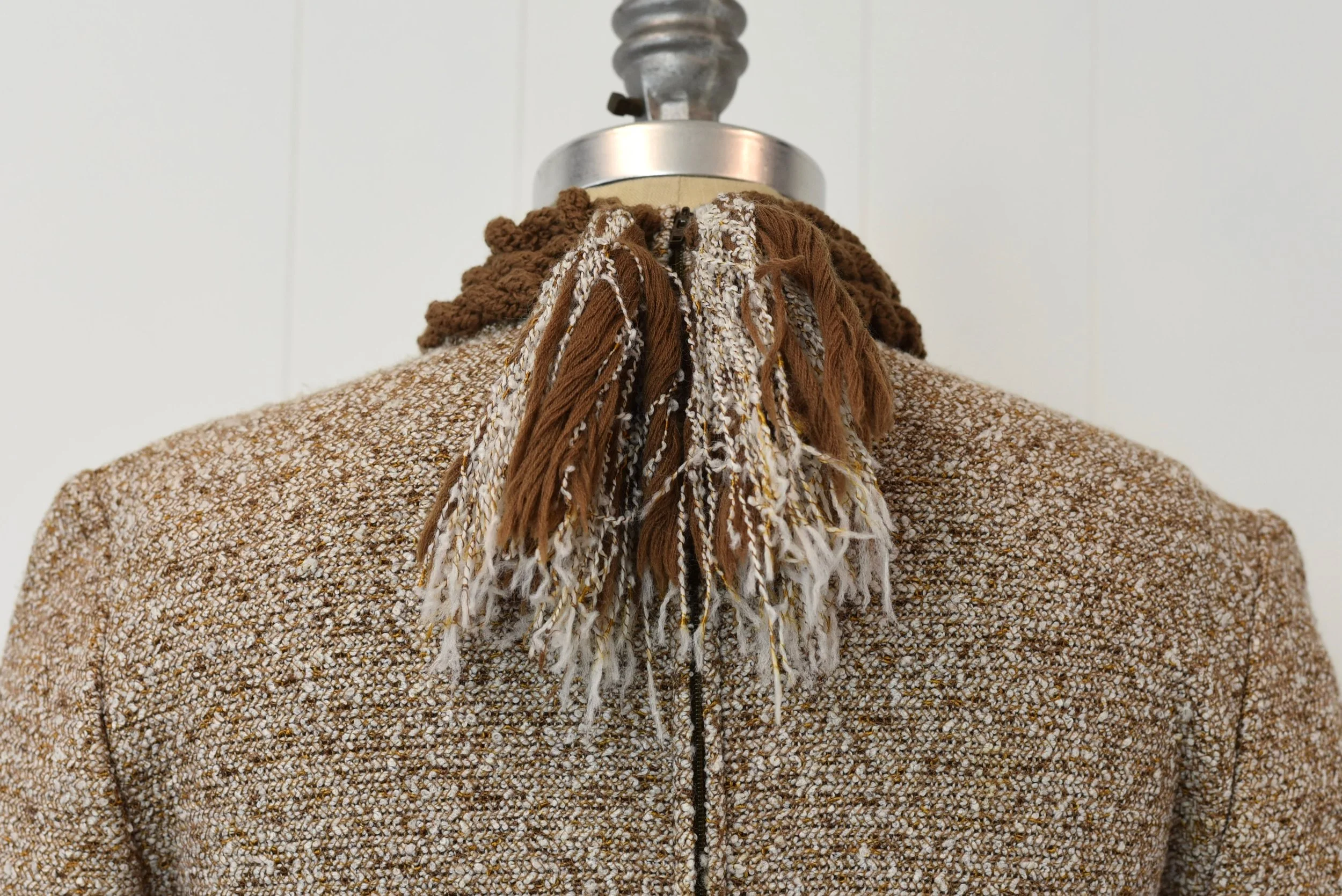 1970s Chevron Brown White Wool Knit Fringe Boho Maxi Dress Canned Ham Vintage 1970s Chevron Brown White Wool Knit Fringe Boho Maxi Dress Canned Ham Vintage