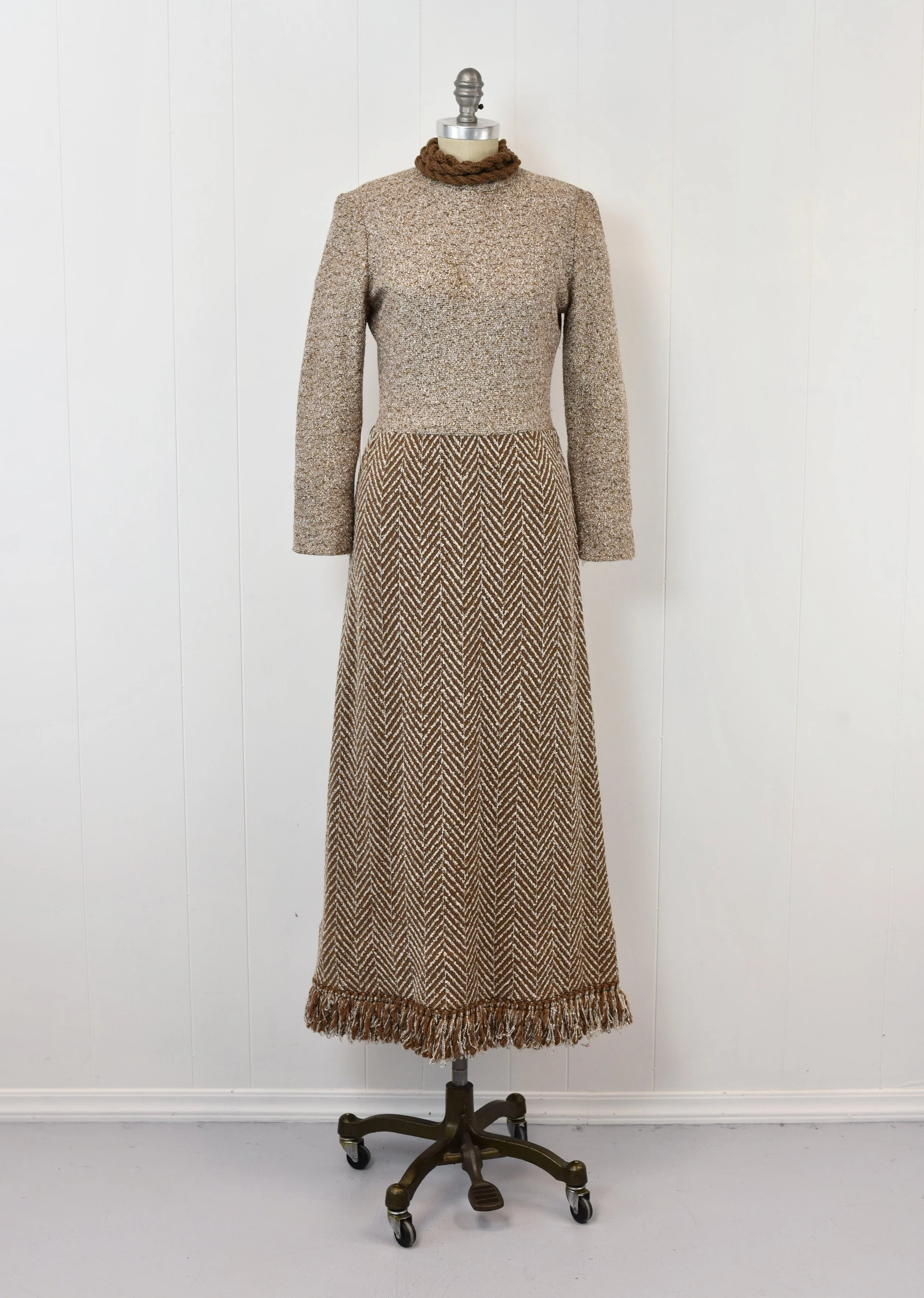 1970s Chevron Brown White Wool Knit Fringe Boho Maxi Dress  Canned Ham Vintage