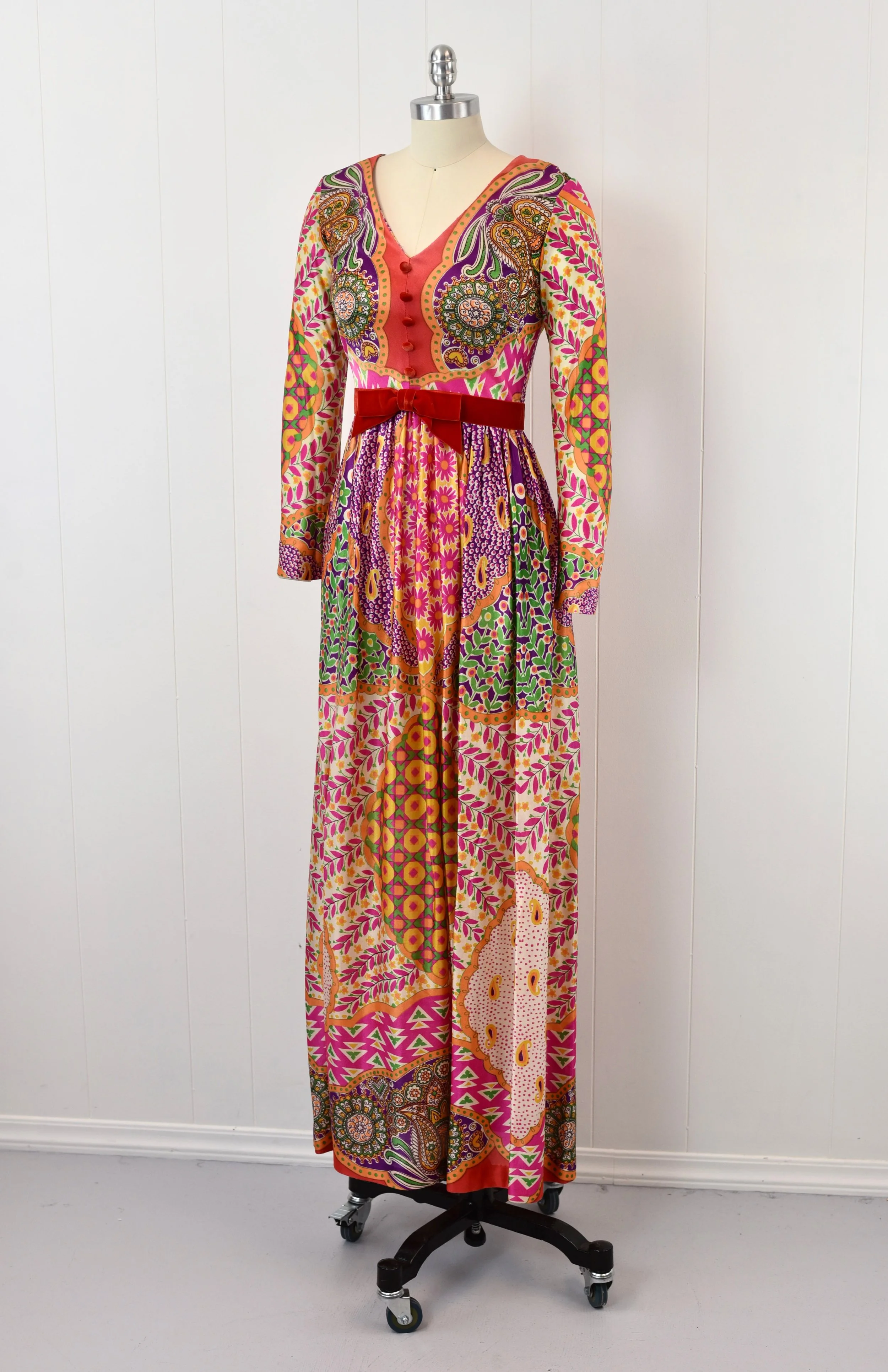 1970s Miss Elliette Psychedelic Colorful Flower Power Floral Paisley Red Velvet Bow Maxi Dress Gown — Canned Ham Vintage