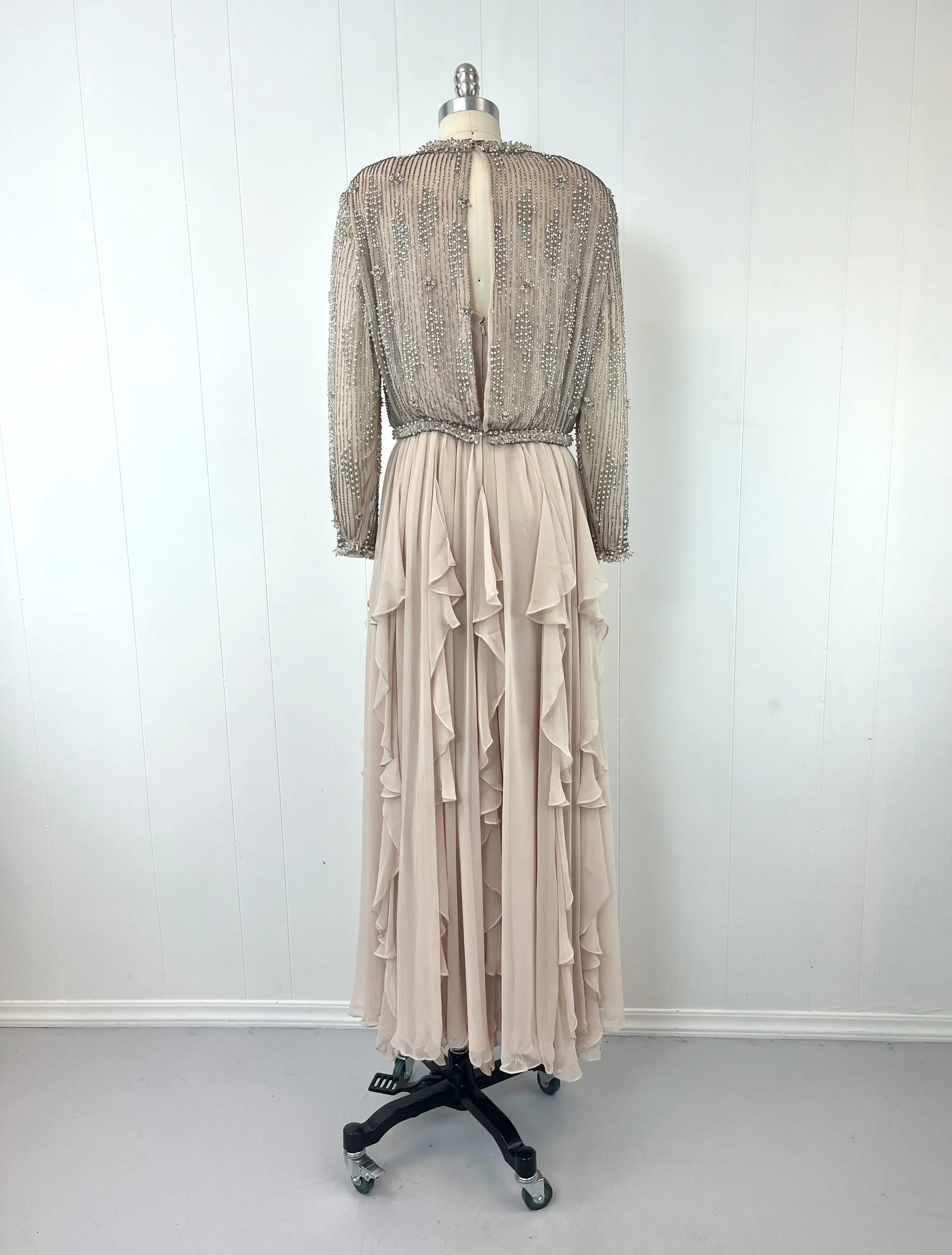 1980s Beige Chiffon Beaded Rhinestone Victoria Royal Ltd Party Maxi Dress Gown  Canned Ham Vintage