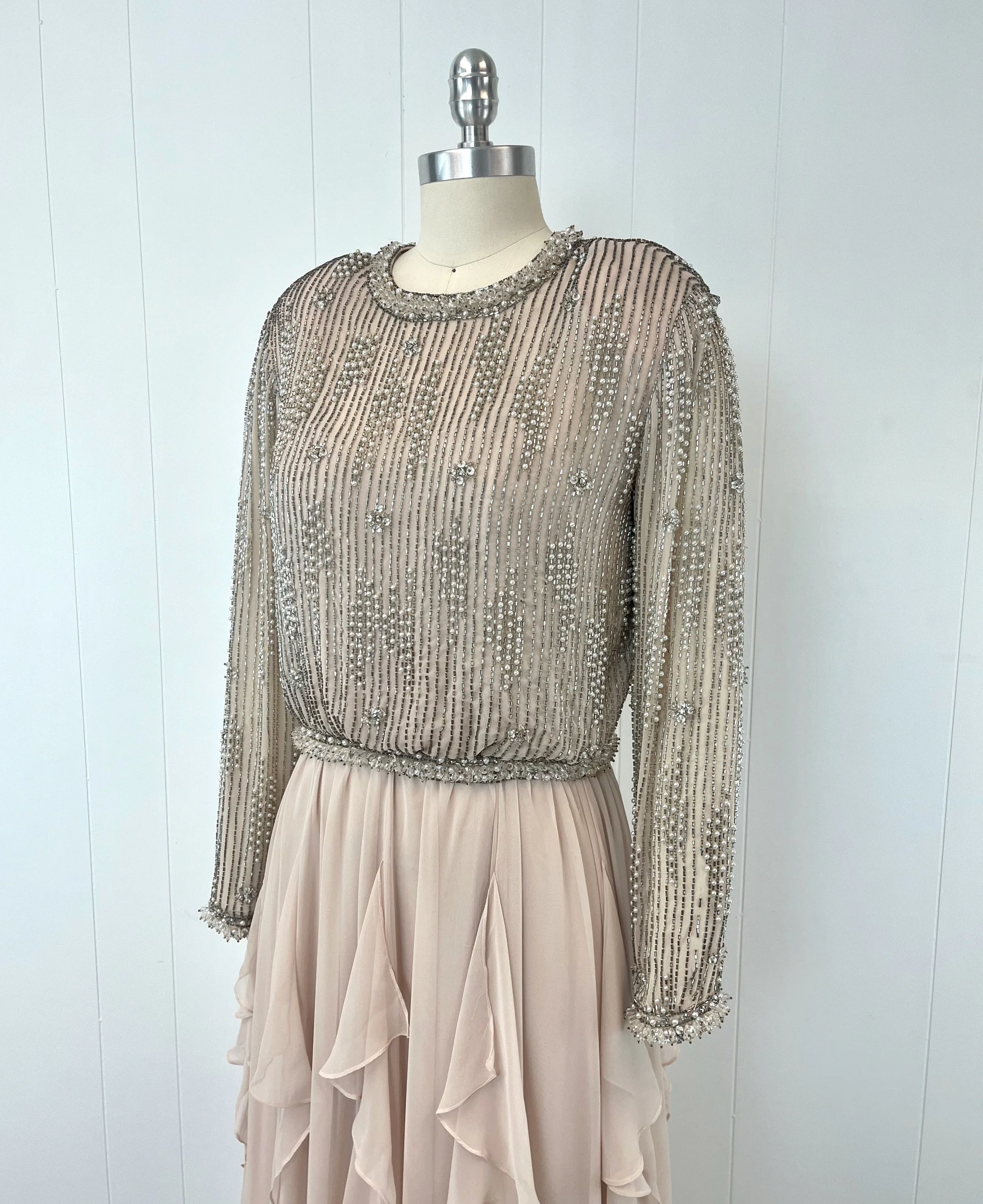 1980s Beige Chiffon Beaded Rhinestone Victoria Royal Ltd Party Maxi Dress Gown  Canned Ham Vintage