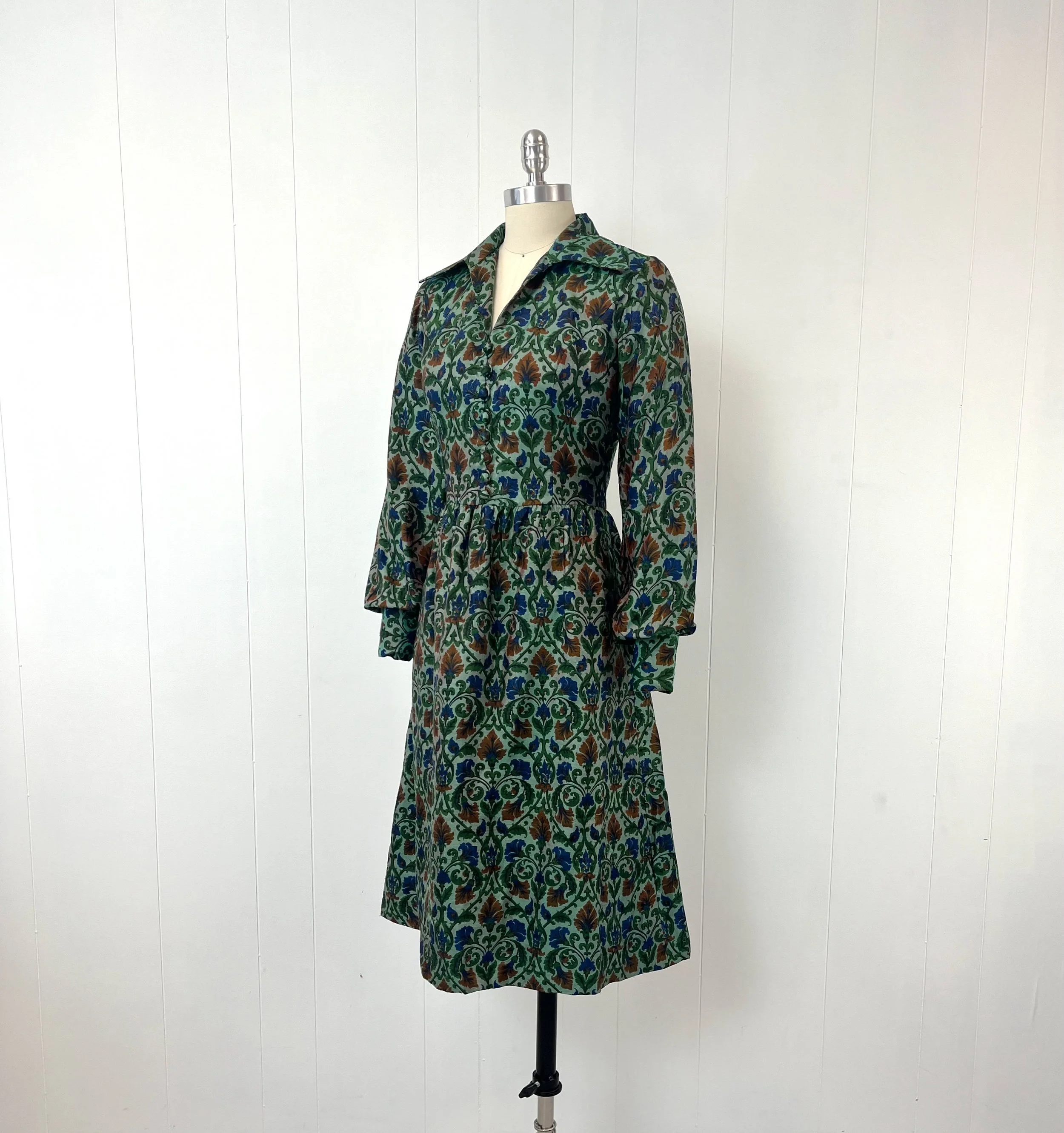 1960s Thai Silk Floral Green Blue Red Mid Century Party Formal Shirt Dress  Canned Ham Vintage