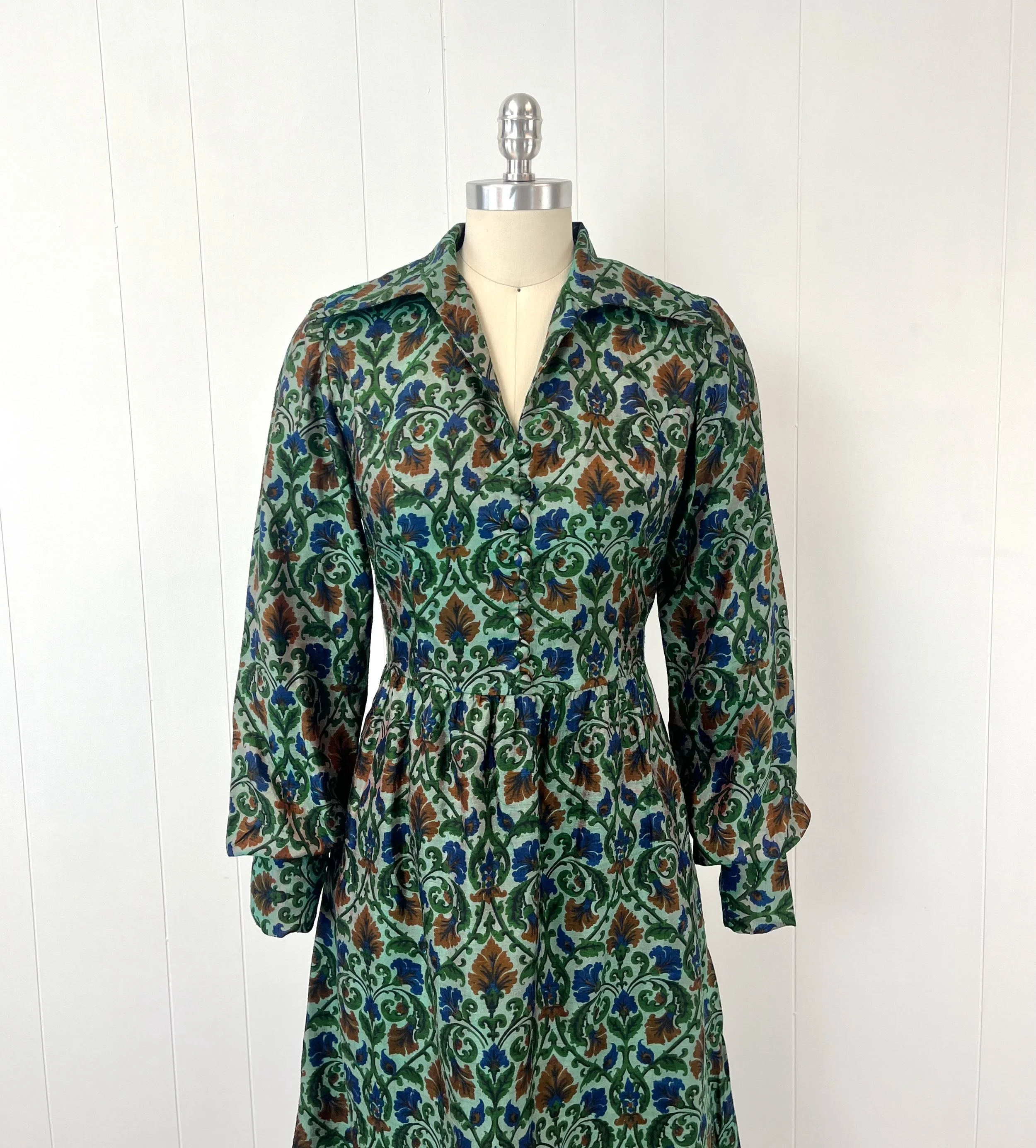shirt dress 60s 1960s Thai Silk Floral Green Blue Red Mid Century Party Formal Shirt Dress  — Canned Ham Vintage