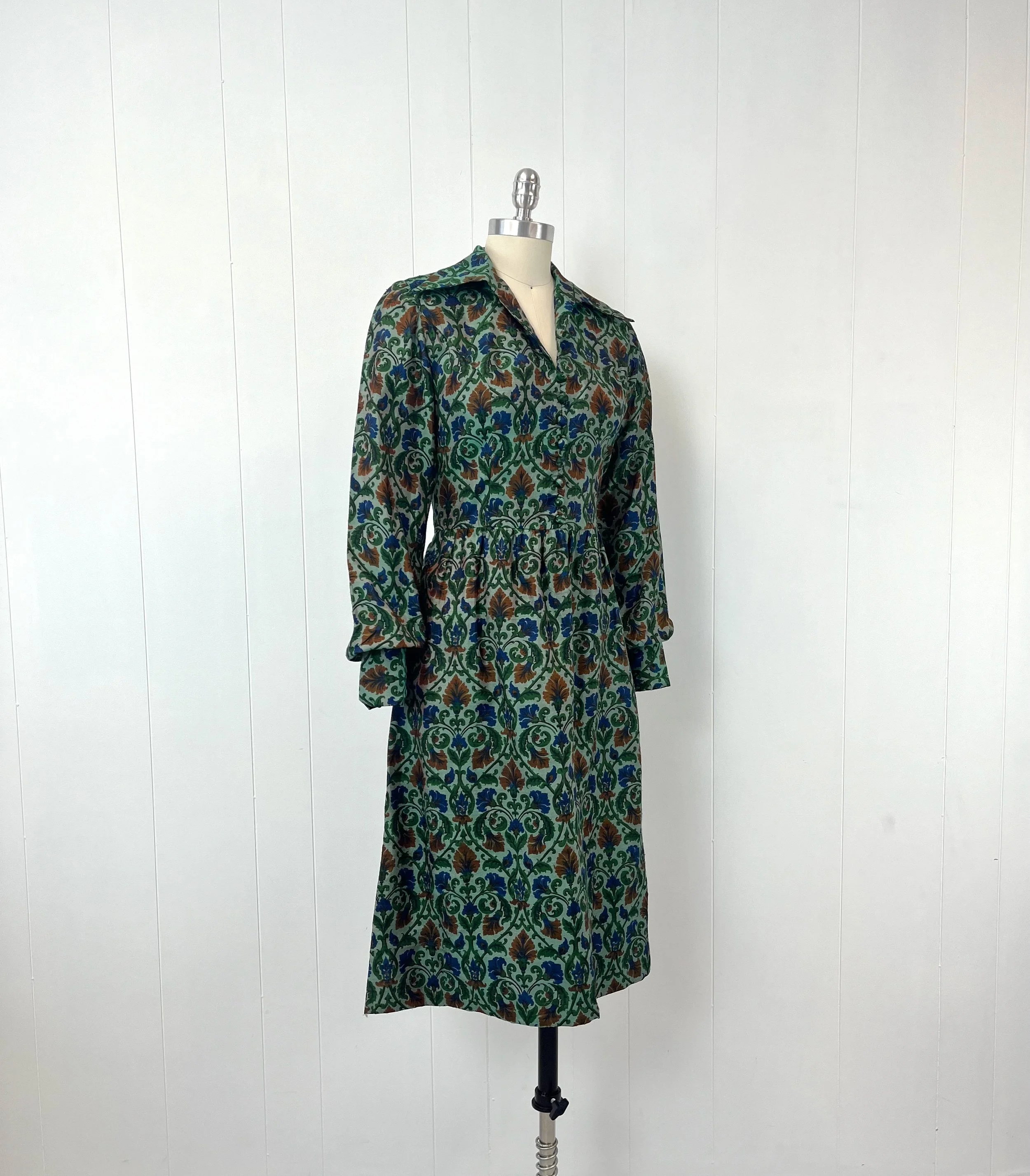 1960s Thai Silk Floral Green Blue Red Mid Century Party Formal Shirt Dress  Canned Ham Vintage