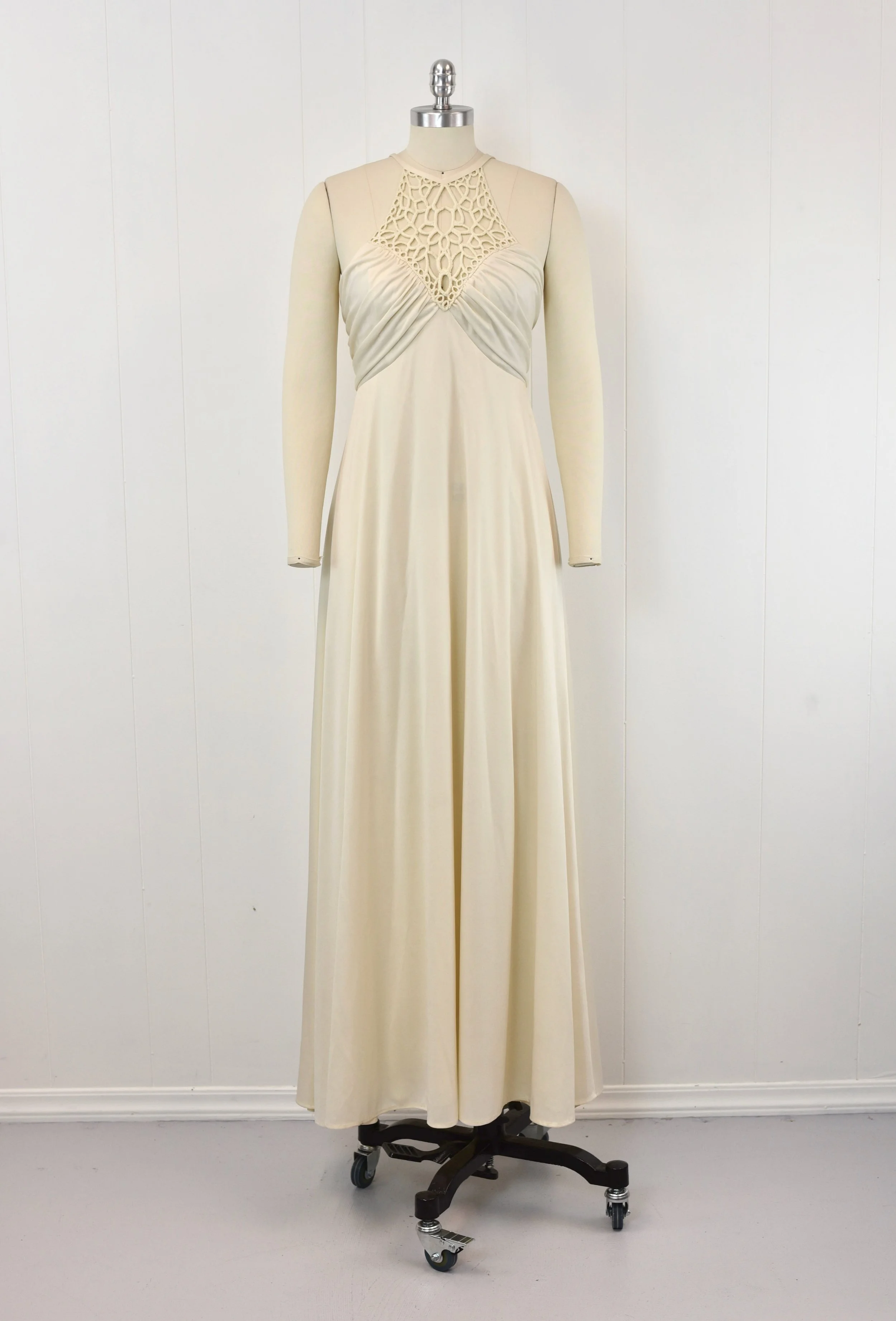 1970s Off White Cut Out Lattice Lace Maxi Dress Gown Sheer Chiffon Capelet Bridal  Wedding  Canned Ham Vintage