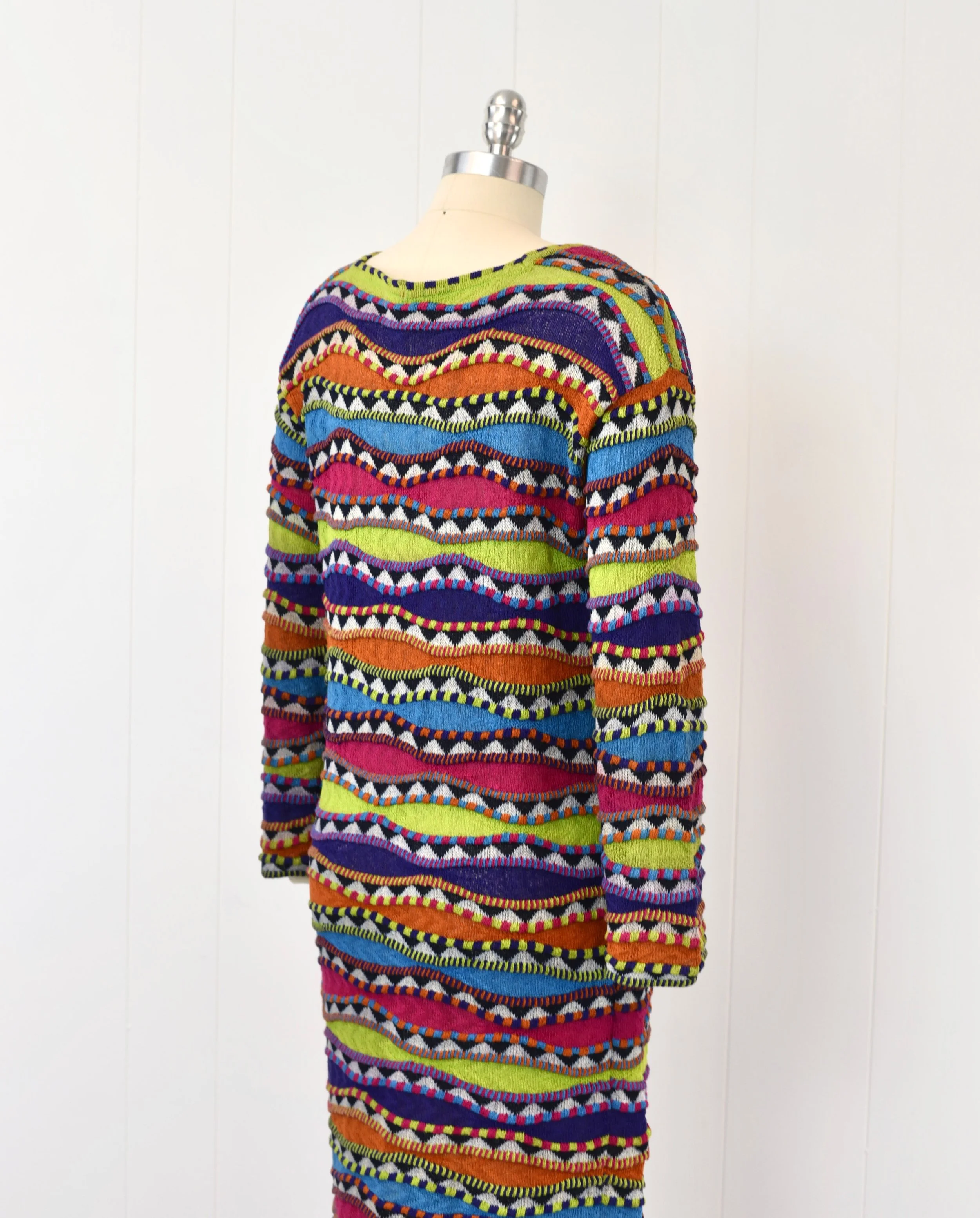 1980s Missoni for Nordstrom Colorful Striped Wild Patterned Knit Sweater Dress Canned Ham Vintage 1980s Missoni for Nordstrom Colorful Striped Wild Patterned Knit Sweater Dress Canned Ham Vintage