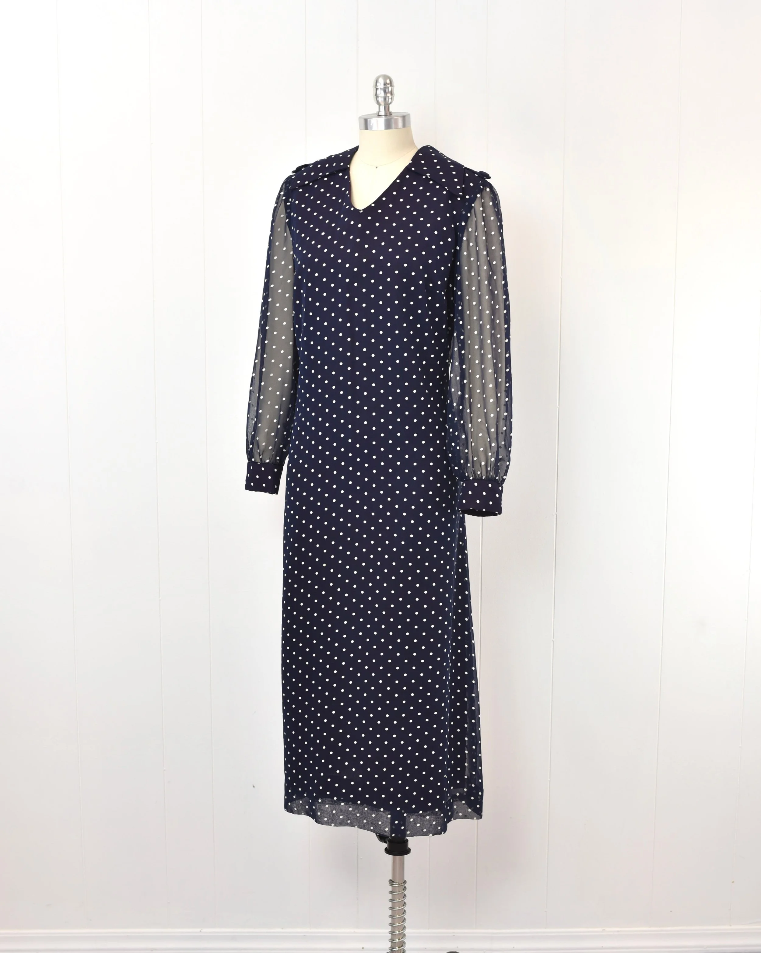 1960s Polka Dot Navy Blue White Chiffon First Lady I. Magnin Dress Large Volup  Canned Ham Vintage